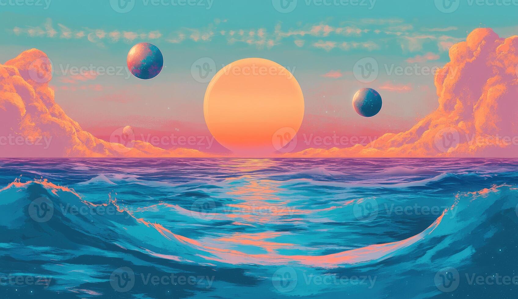 Cosmic Sunset Over a Pastel Sea photo