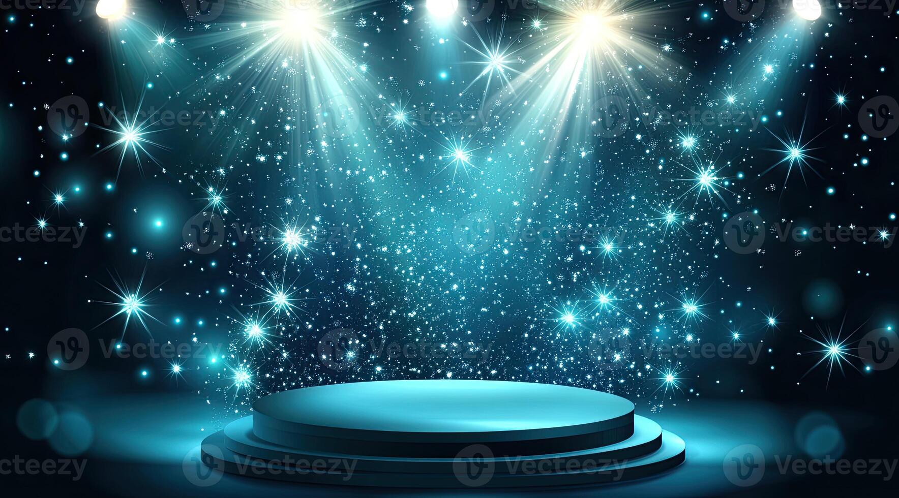 A stage bathed in spotlights and glittering particles photo