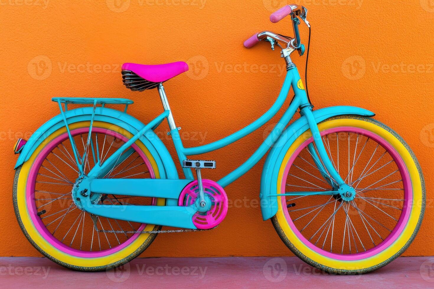 Vibrant teal bicycle with pink and yellow accents against an orange wall photo