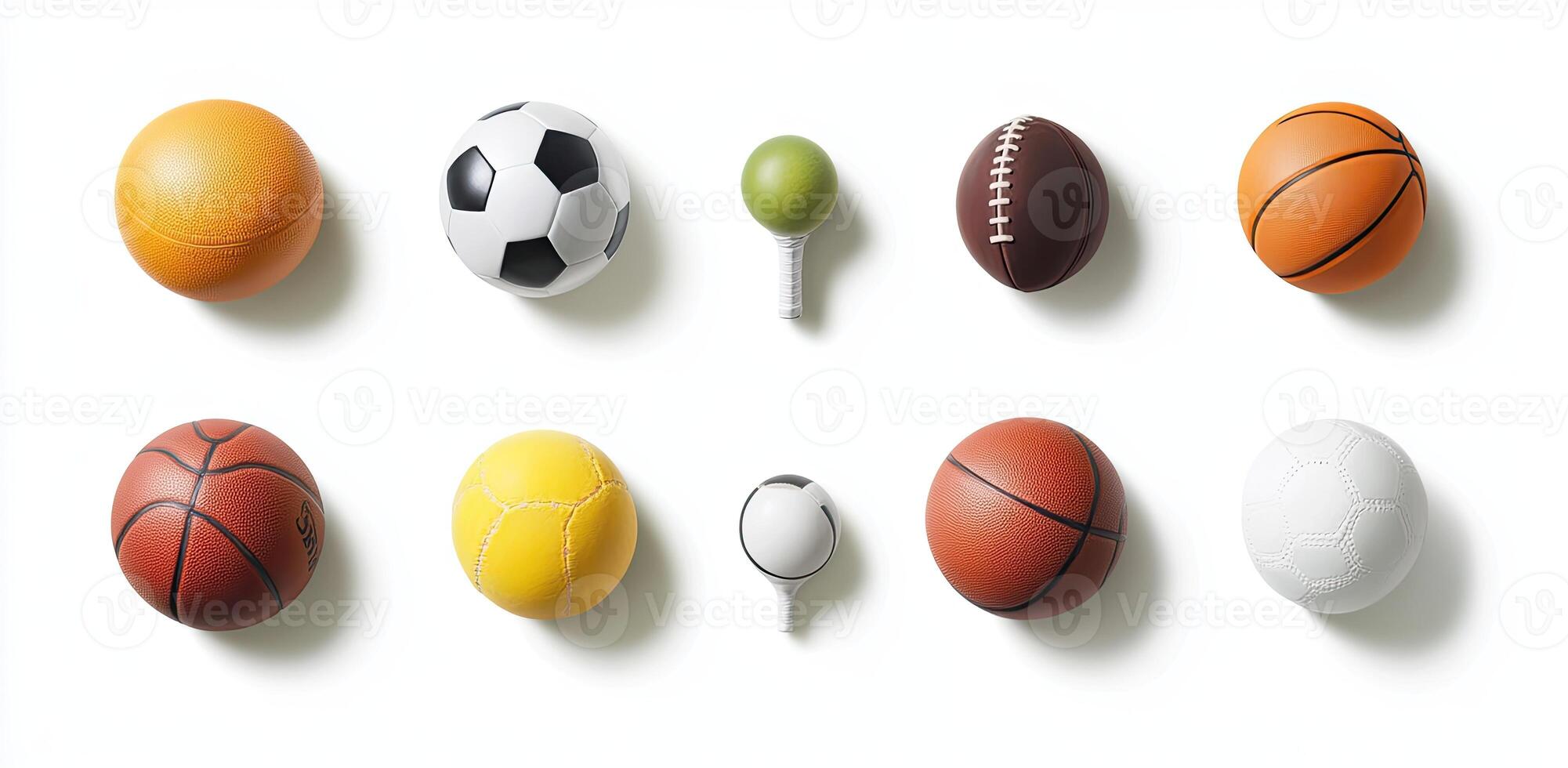 Various sports balls and a ball with a tennis racket photo