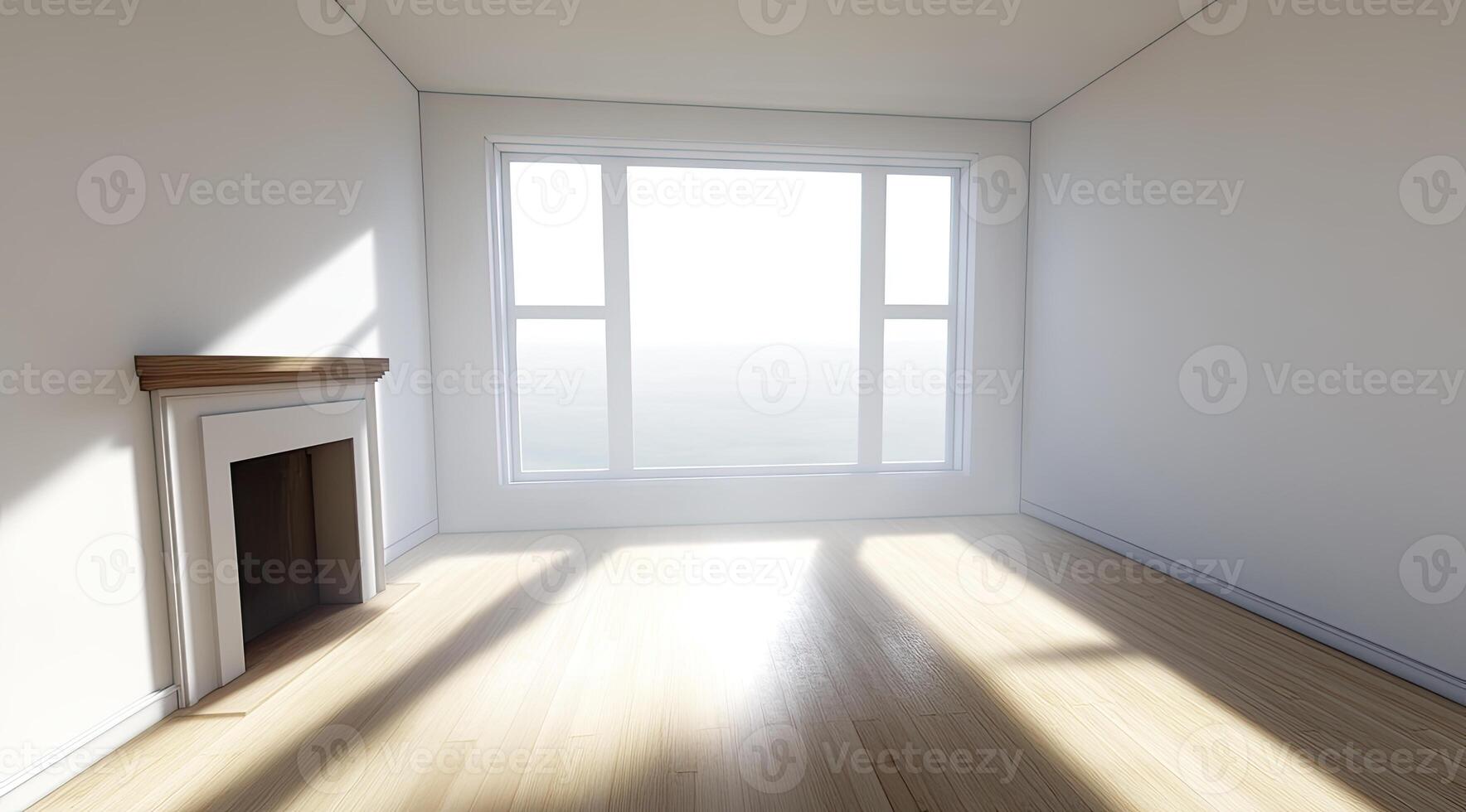 Empty sunlit room with fireplace and large window photo