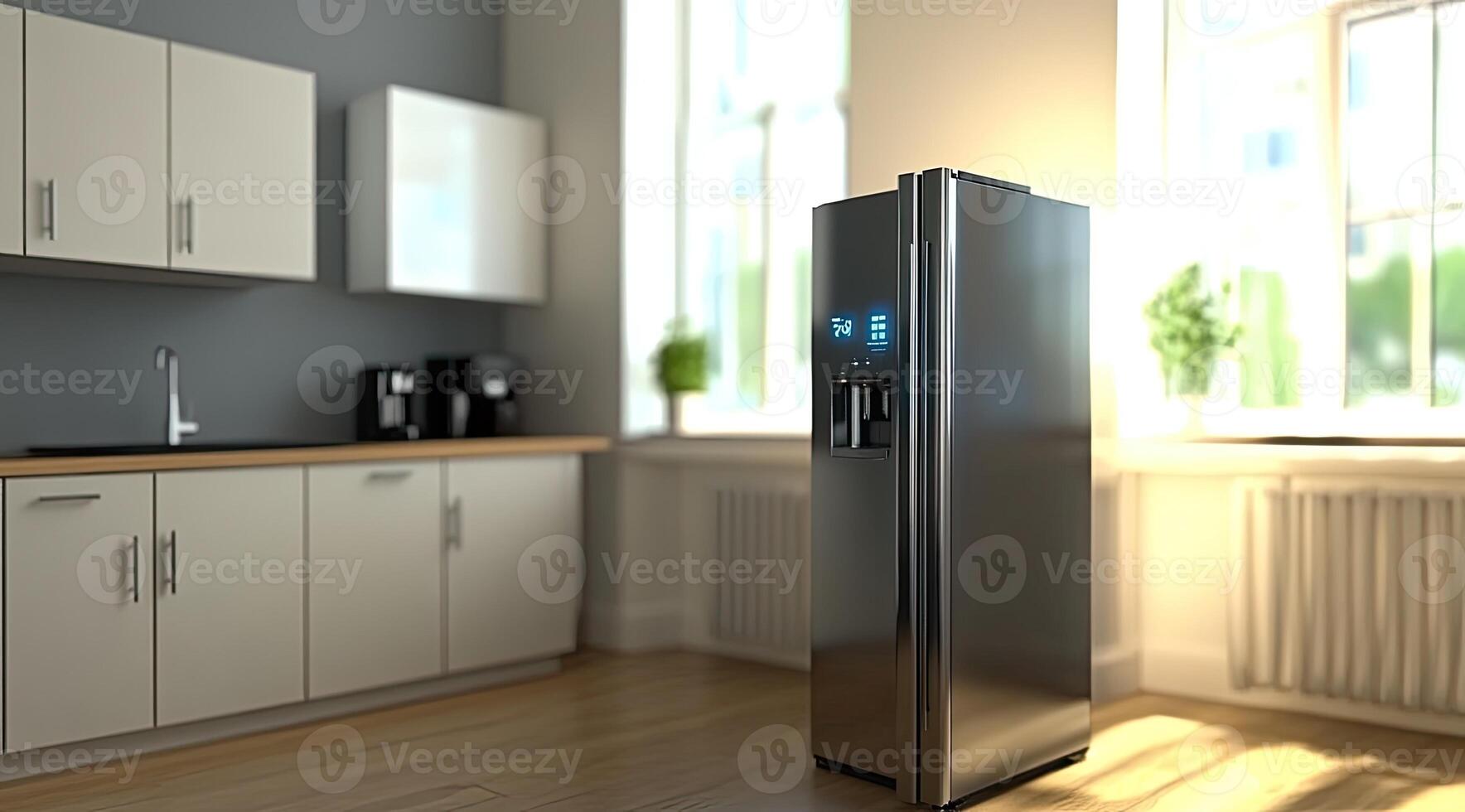 Modern kitchen with stainless steel refrigerator photo