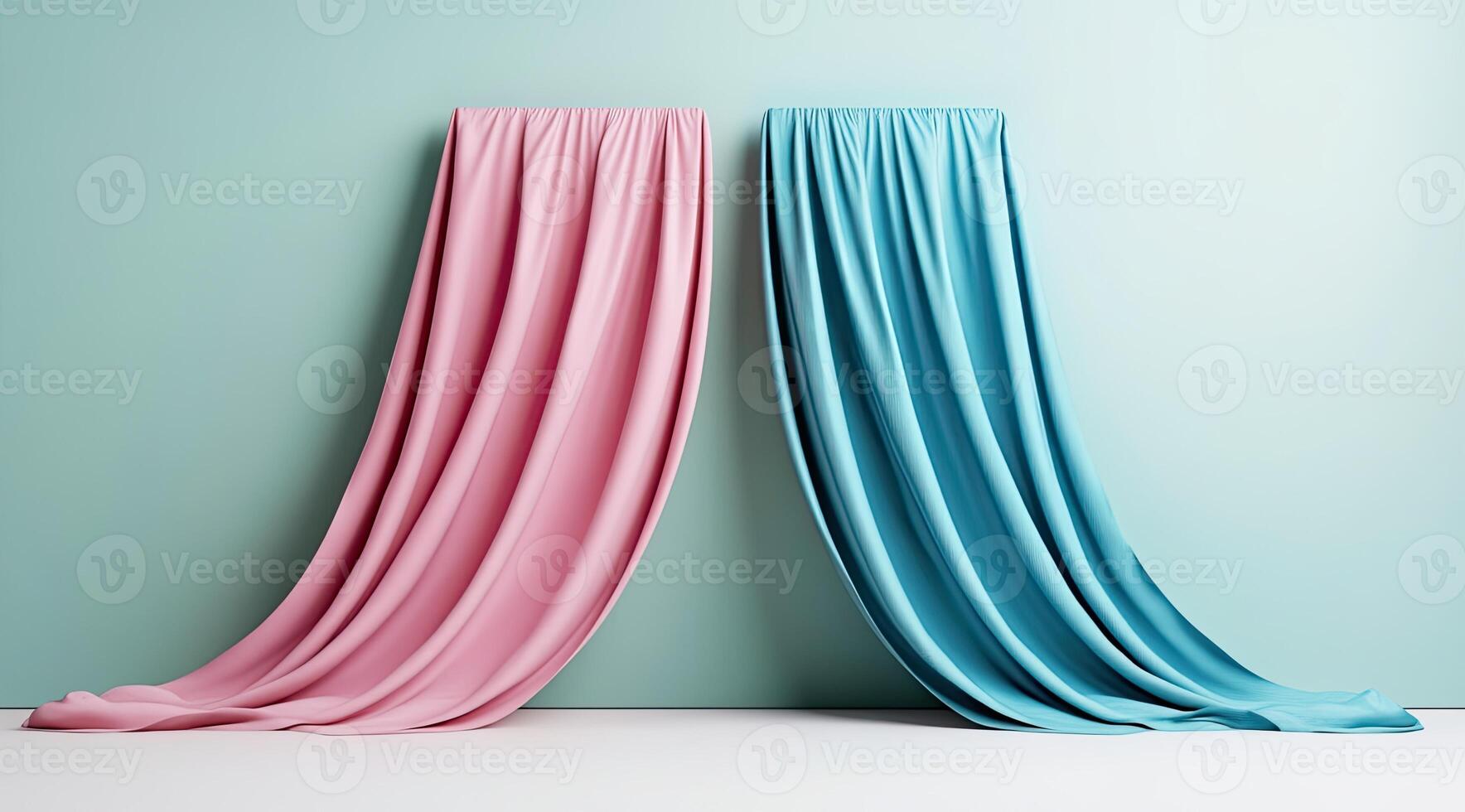 Two draped fabrics, pink and teal, against a mint backdrop photo