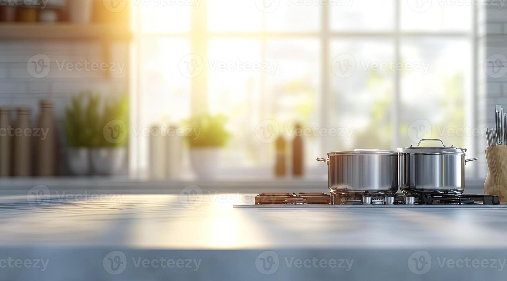 Sunny kitchen countertop, cooking pans photo