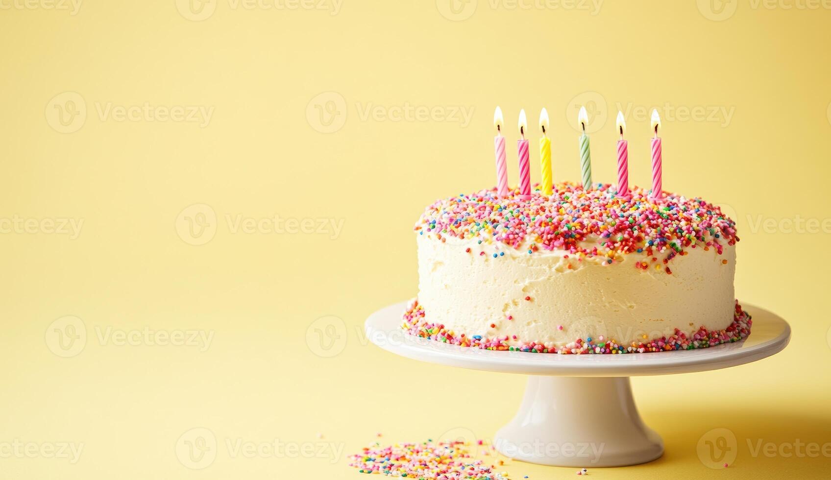Birthday cake with colorful sprinkles and candles photo