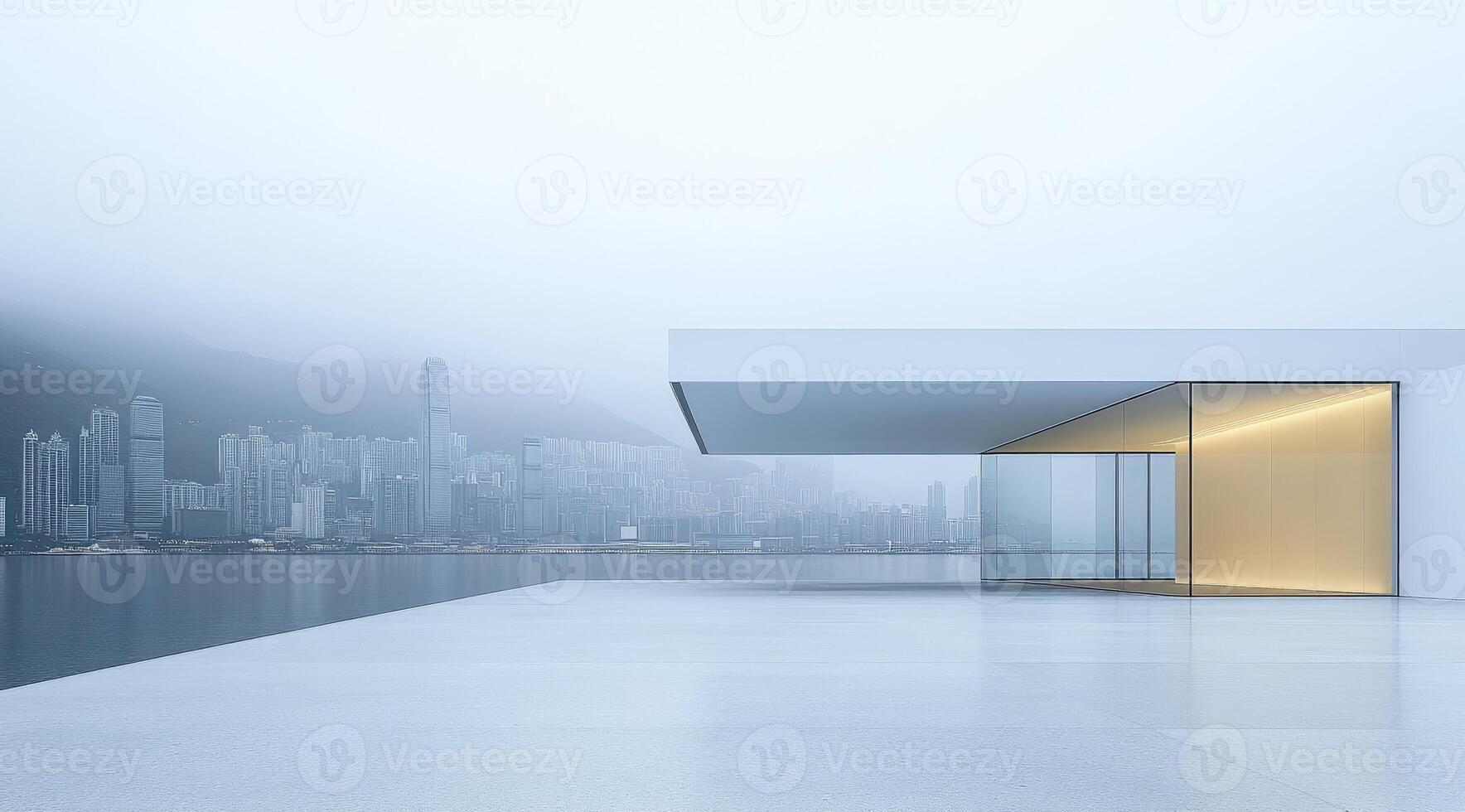 Modern architectural exterior overlooking a city skyline photo