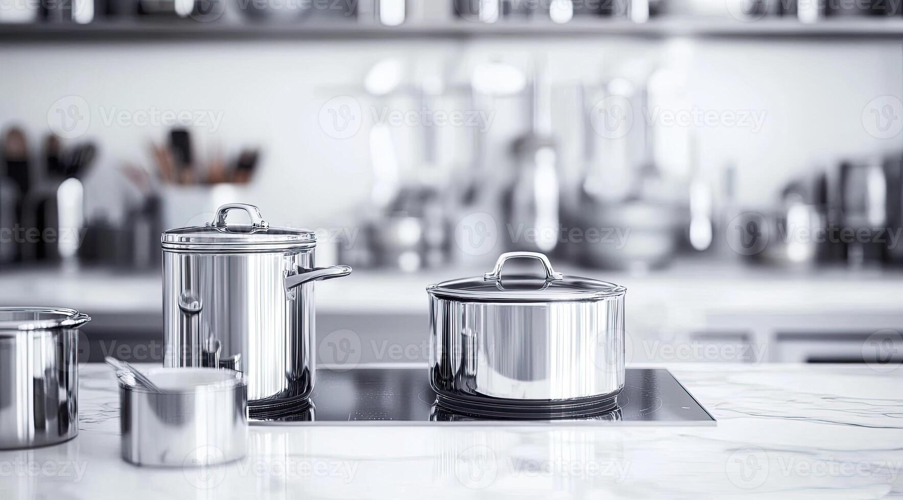Sleek stainless steel cookware set on a modern kitchen countertop photo