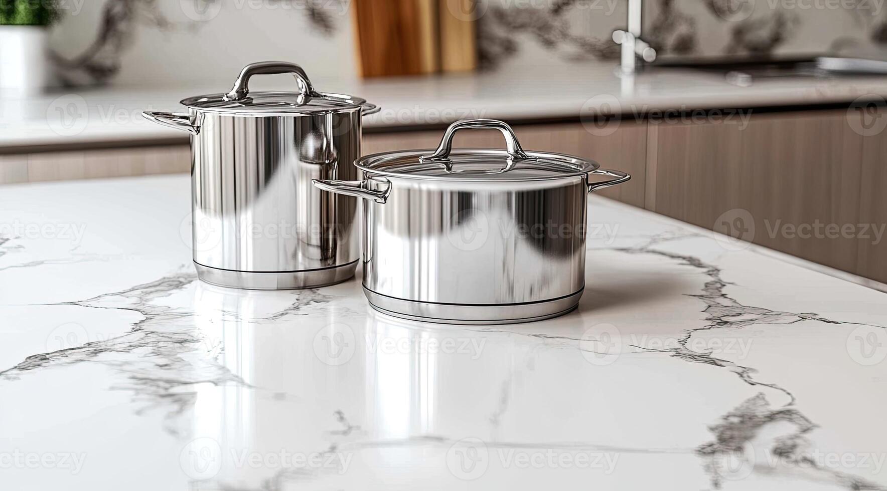 Stainless steel pots on a marble countertop in a modern kitchen photo