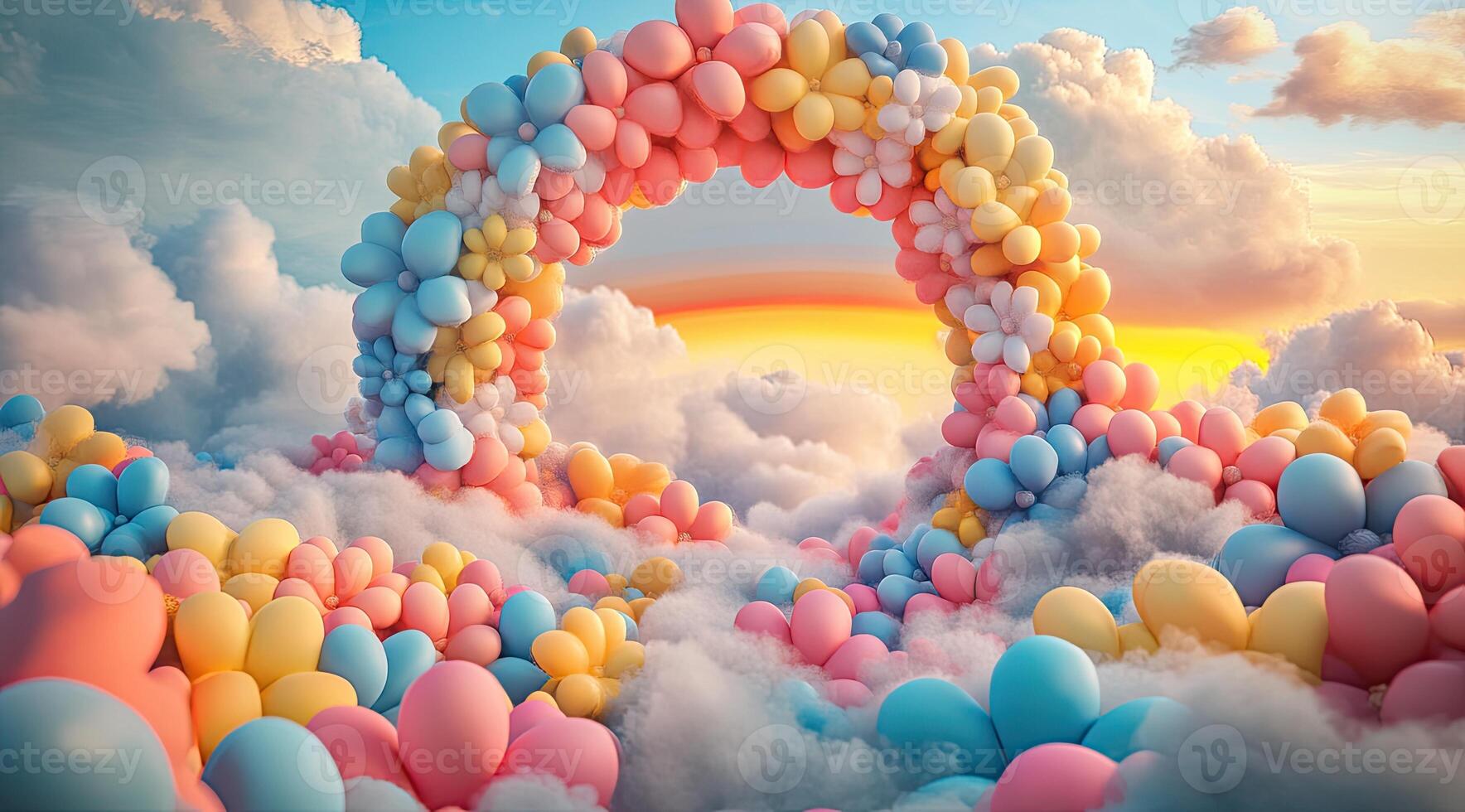 A whimsical archway of colorful balloons in a cloud-filled sky photo