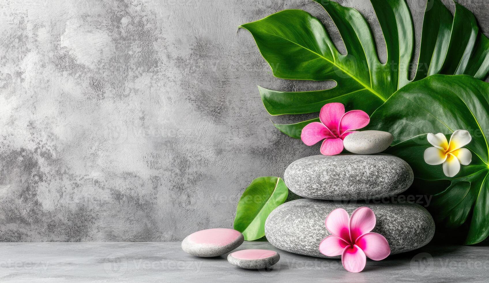 Zen stones, tropical leaves, and flowers photo