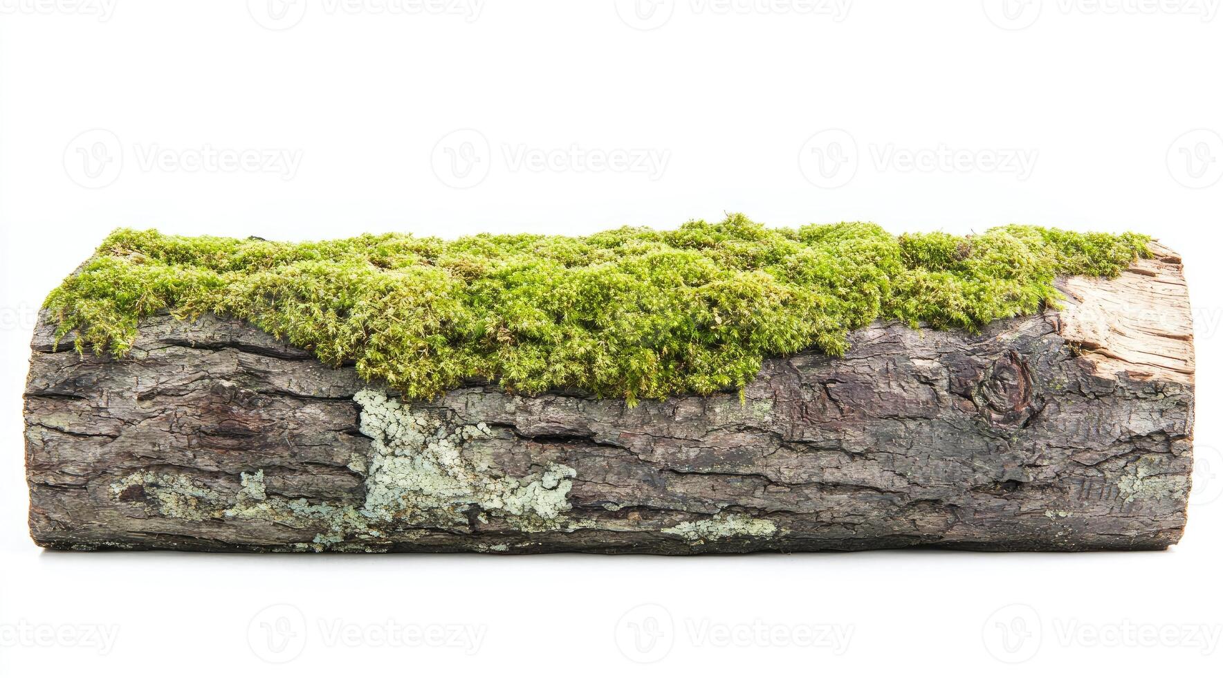 A log with moss on it sitting on a white background photo