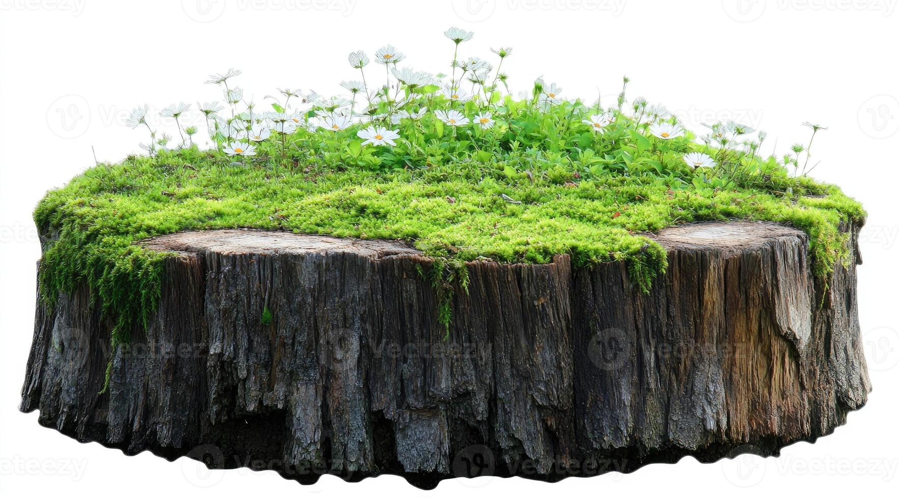 Rustic garden planter made of a tree stump with moss and small white flowers photo