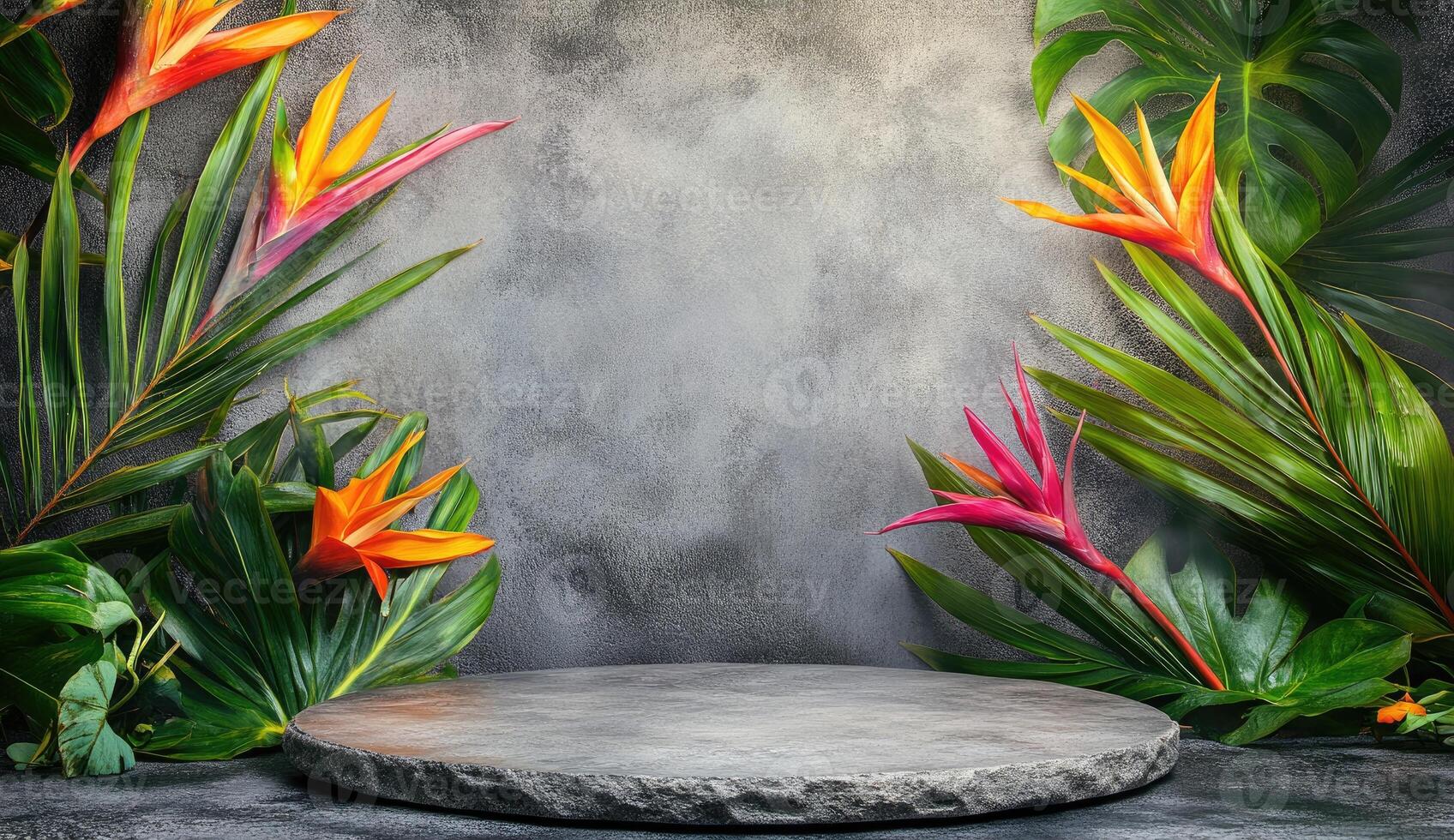 Tropical display platform with vibrant flowers and foliage photo