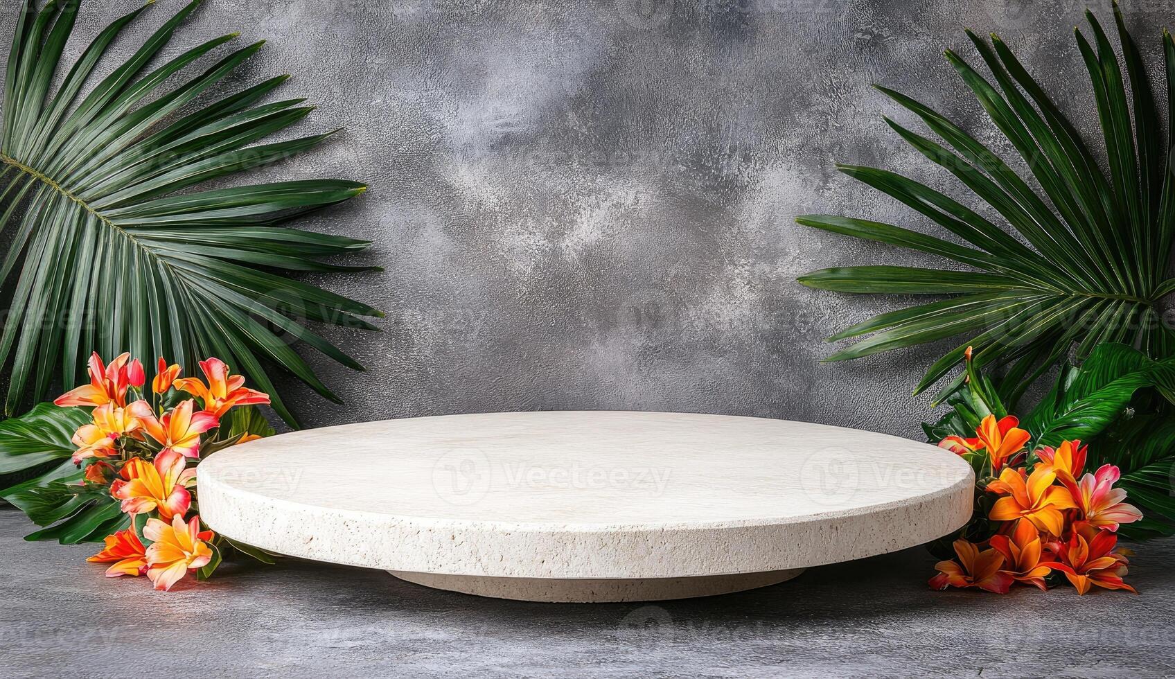 Empty round display podium with tropical flowers and leaves photo