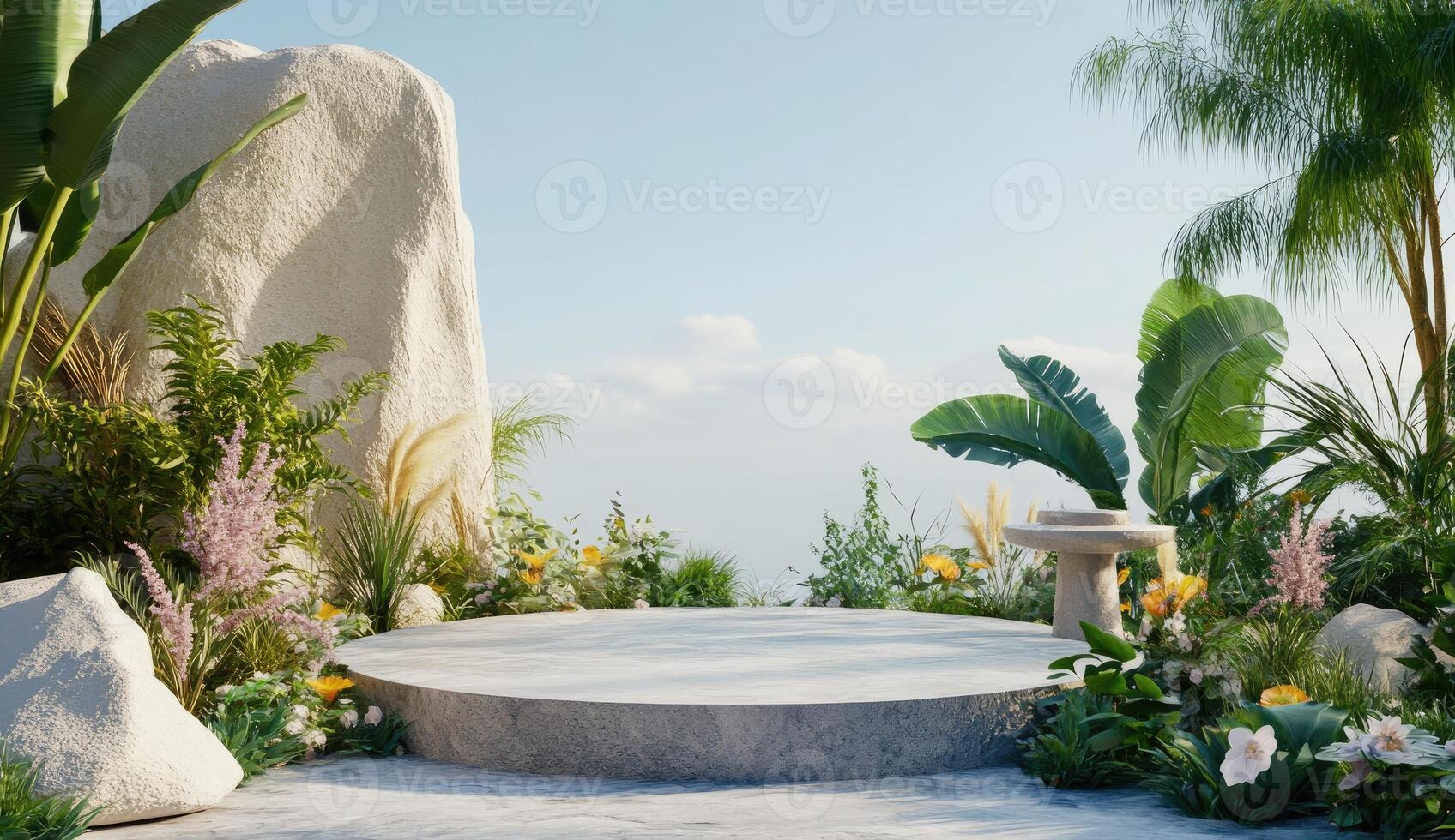 Empty, light beige, round podium, surrounded by lush greenery and rocks, perfect for product display photo