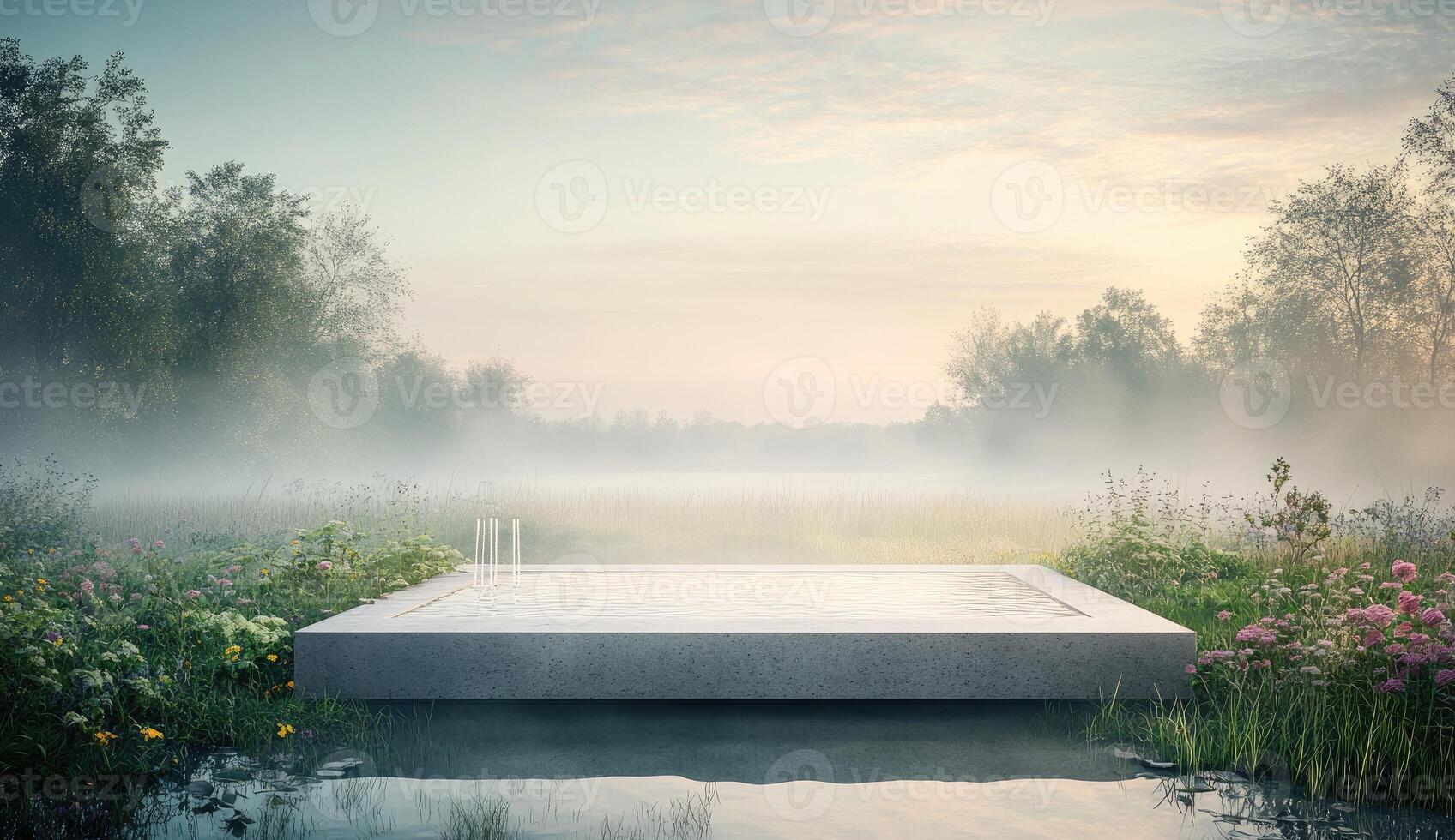 Tranquil, elevated platform amidst a misty meadow photo