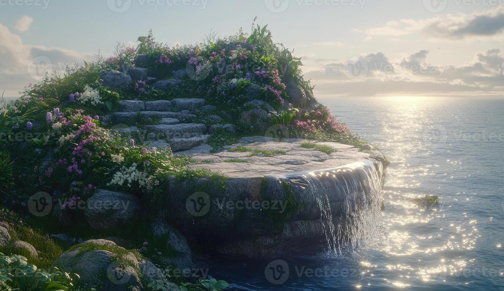 Coastal stone steps, cascading waterfall, floral oasis photo