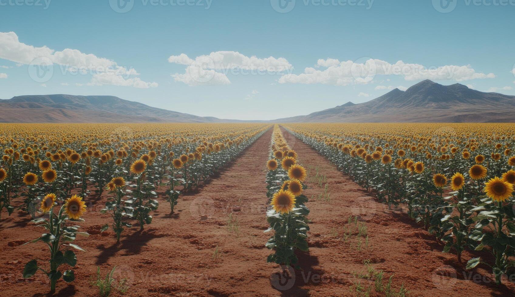 Sunflowers bloom in a desert landscape photo