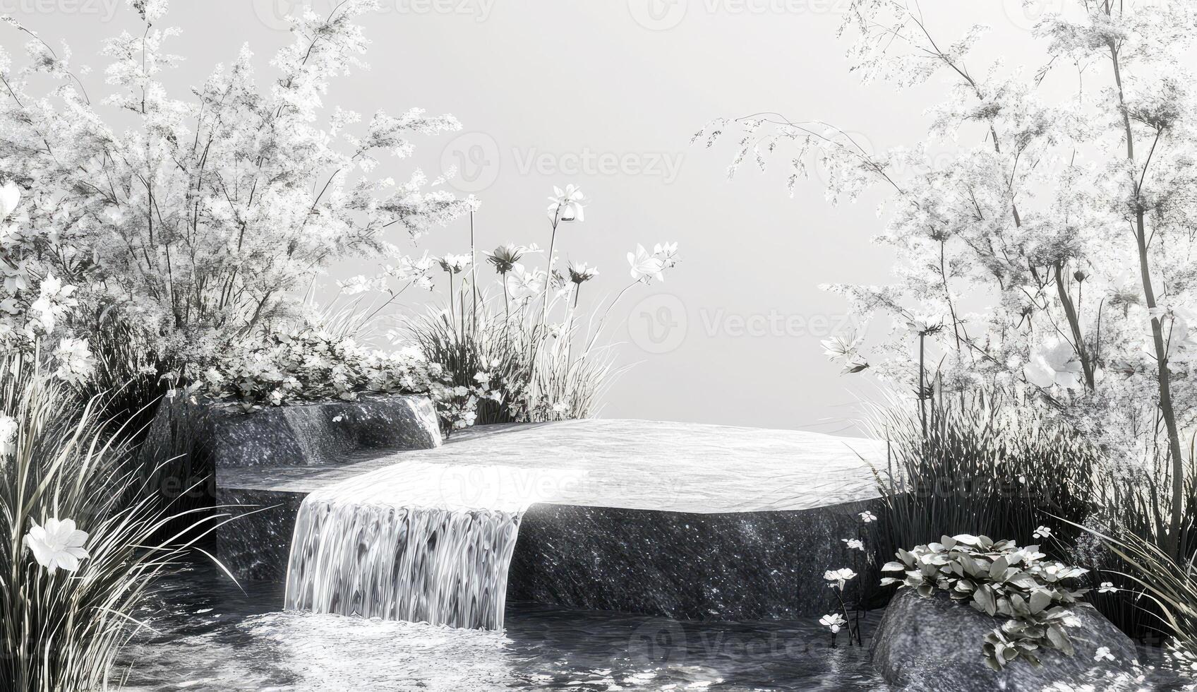 Serene waterfall cascading over rocks, amidst white flowers and grasses photo