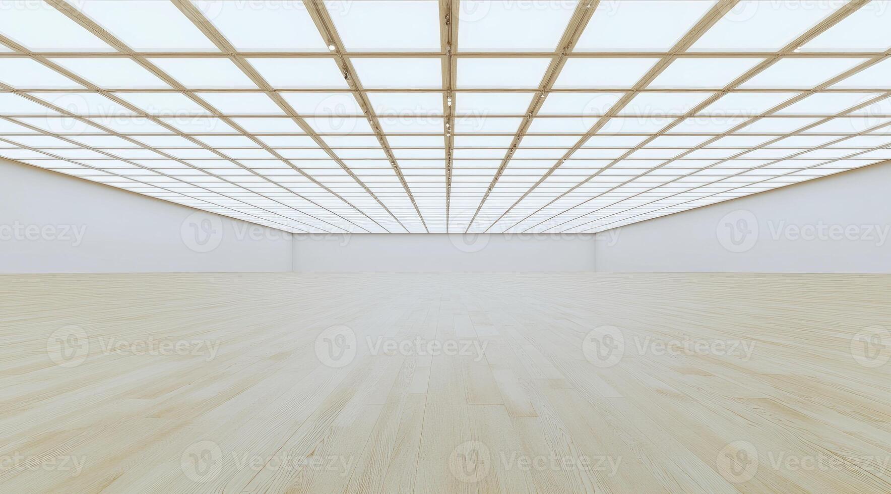 Empty, light-filled, minimalist space with wooden accents photo