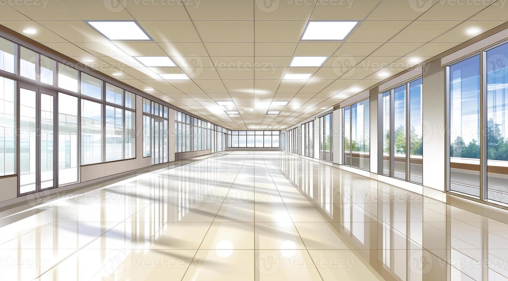 An empty hallway with large windows and a large floor photo