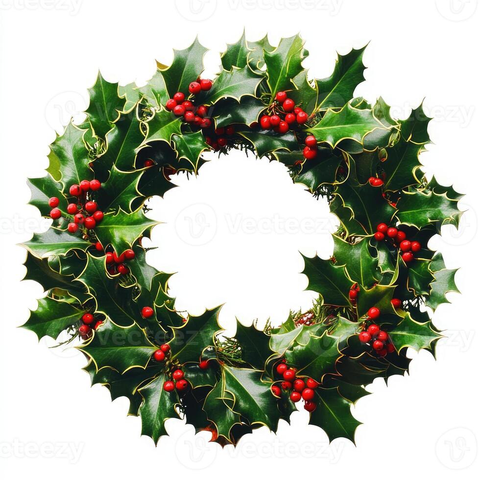 Circular holiday wreath adorned with holly leaves and berries photo