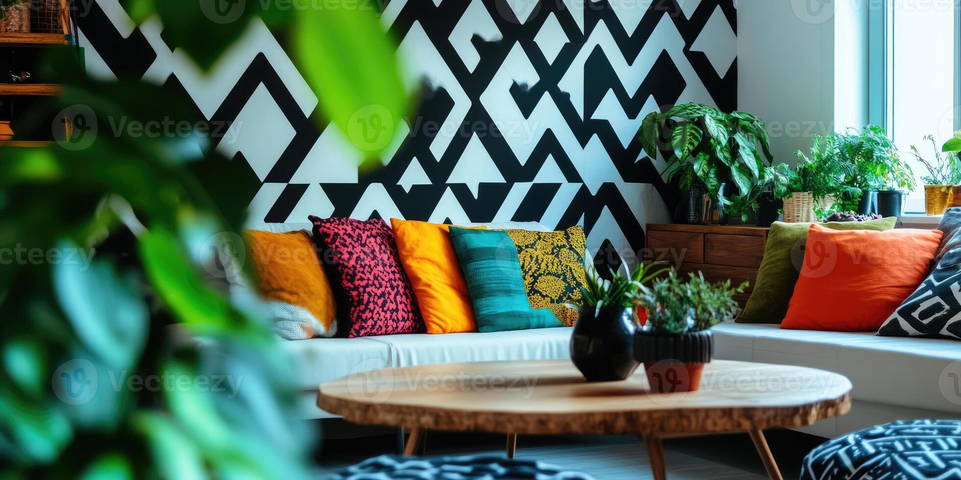 Vibrant living room with bold patterns and pops of color photo