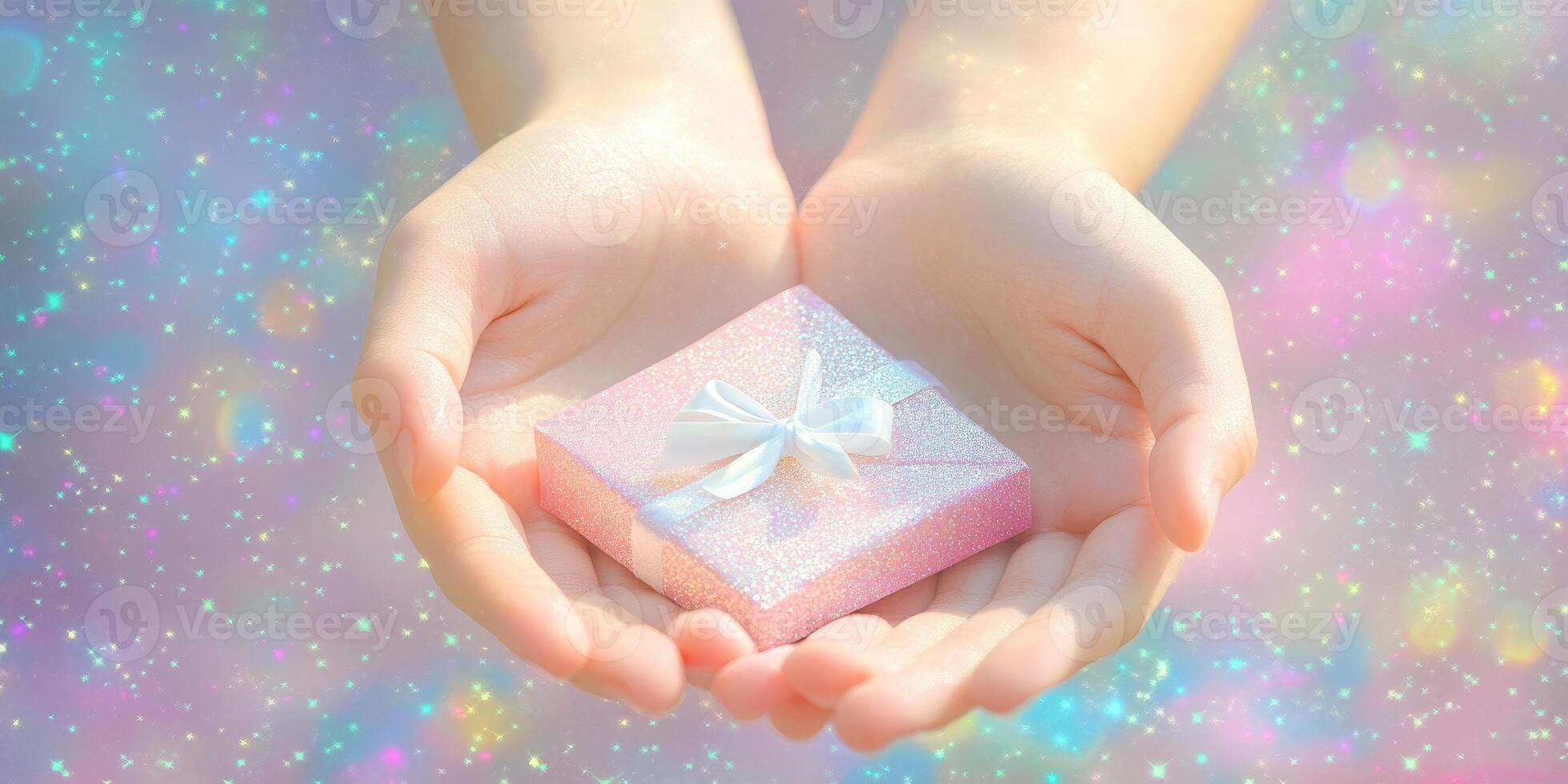 Hands holding a small gift box with a bow on it photo