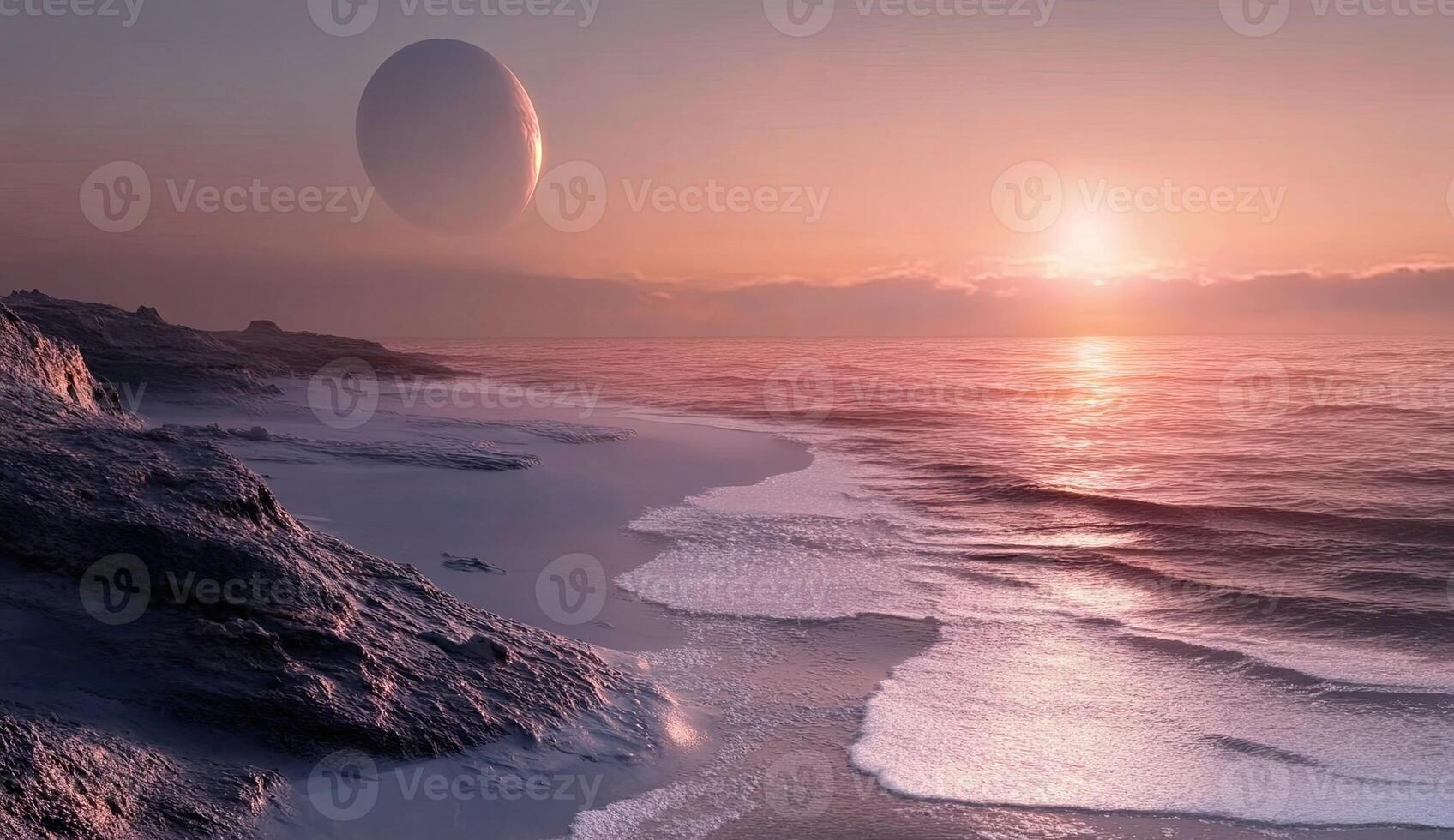 An alien spaceship is seen in the distance on a beach photo