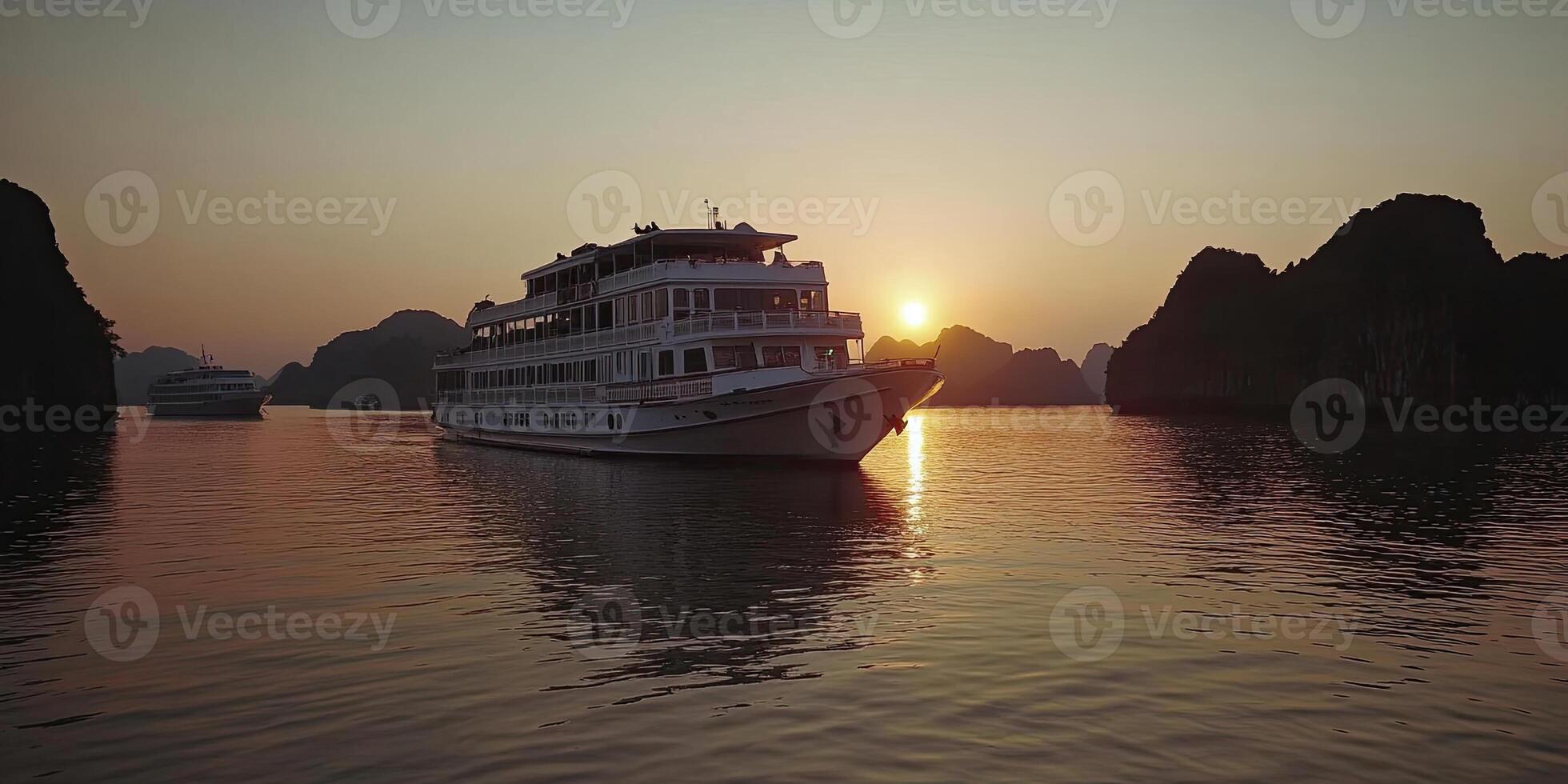Majestic cruise ship at sunset on a tranquil bay photo