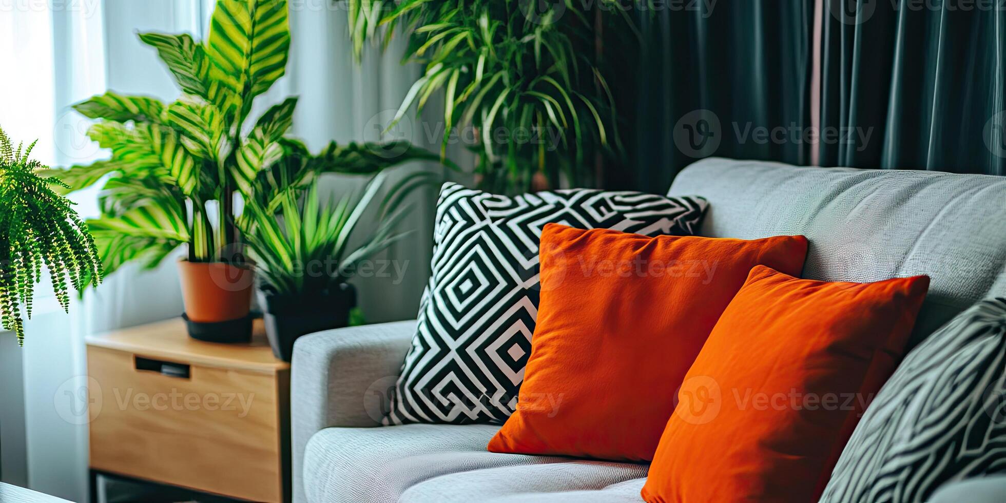 Cozy Living Room with Plants and Throw Pillows photo