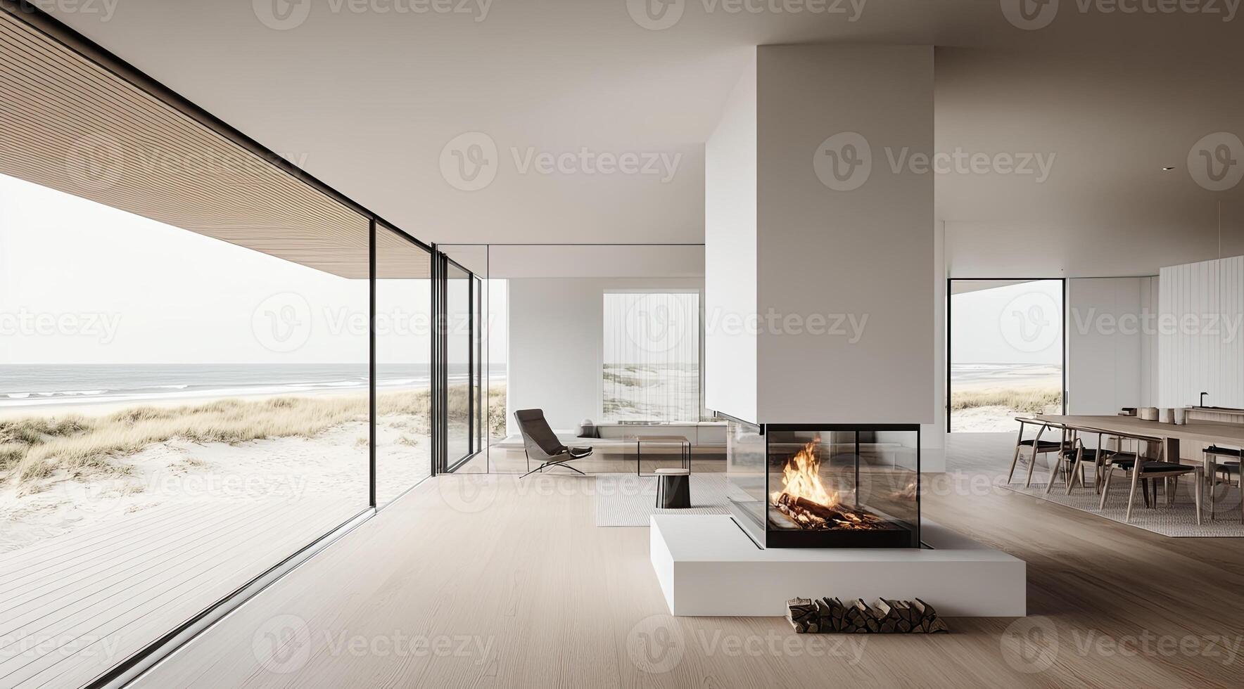 Modern coastal living room with expansive ocean views. Spacious, minimalist interior design featuring a large fireplace and floor-to-ceiling windows photo