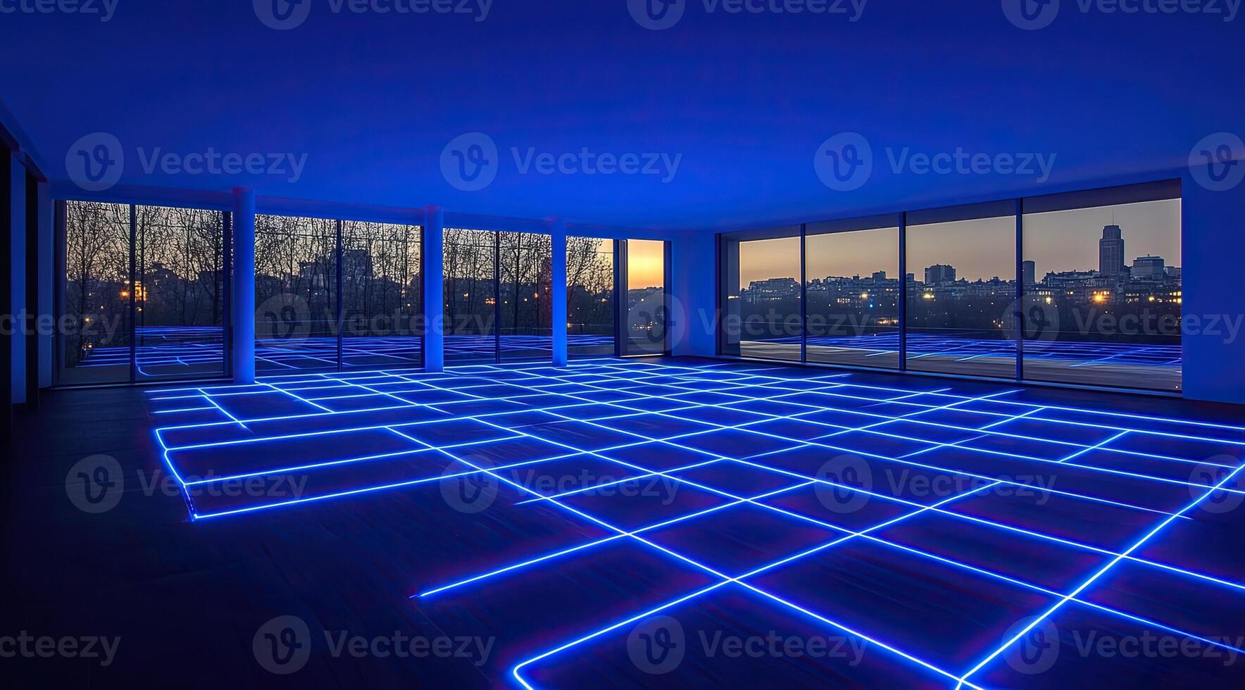Modern, illuminated space with city views photo