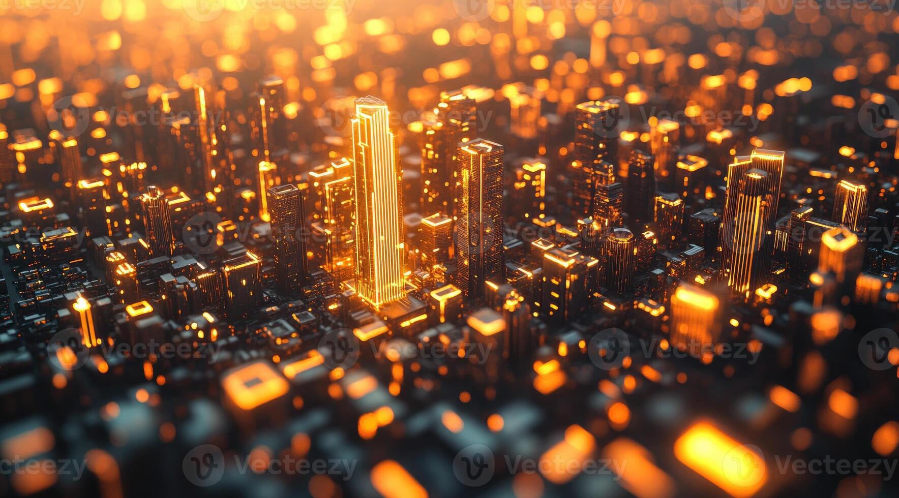 Golden city of the future. Abstract, futuristic cityscape, glowing skyscrapers, digital art, intricate design photo