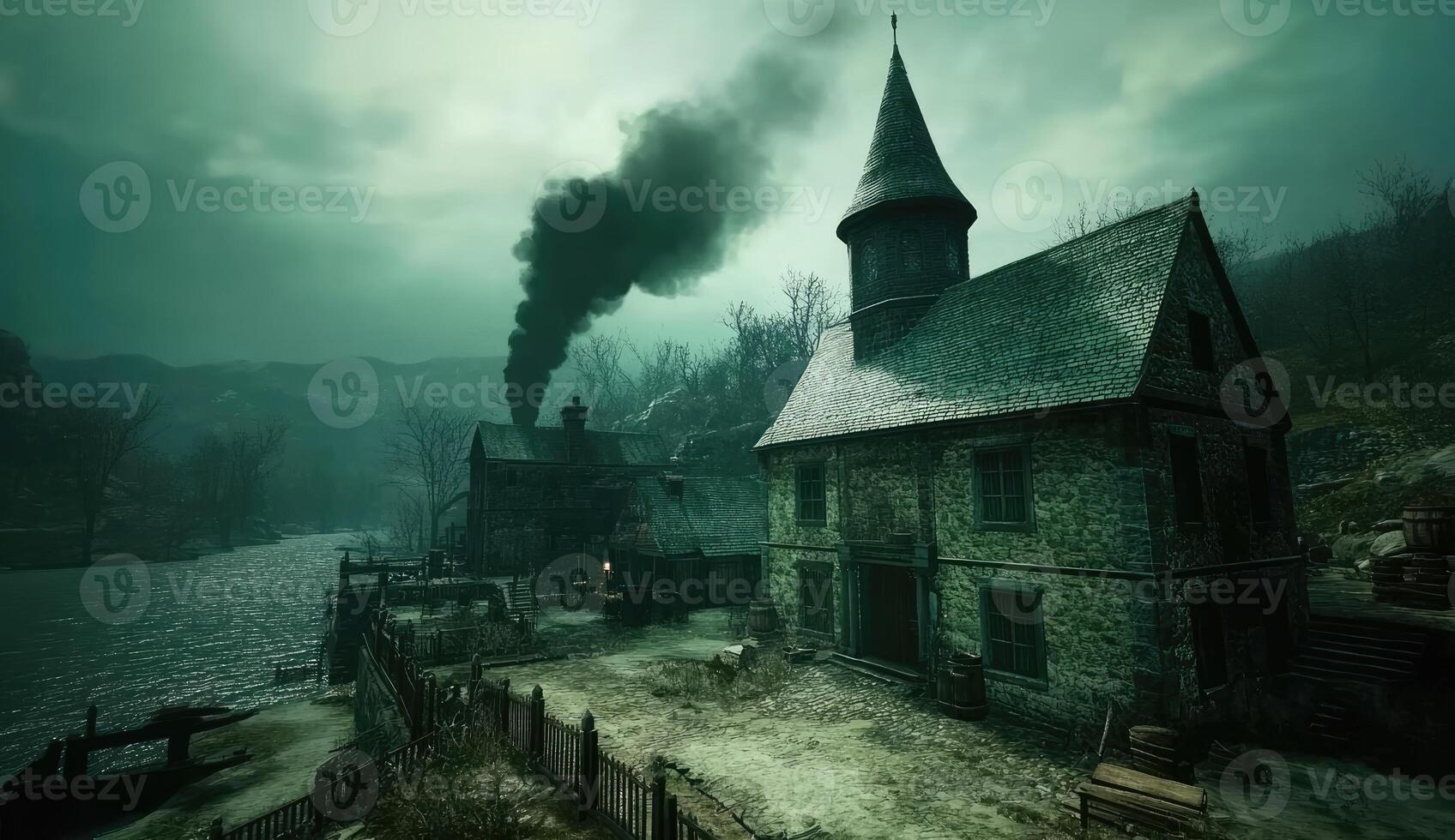 Dark, moody village scene with a historical mill and ominous atmosphere photo