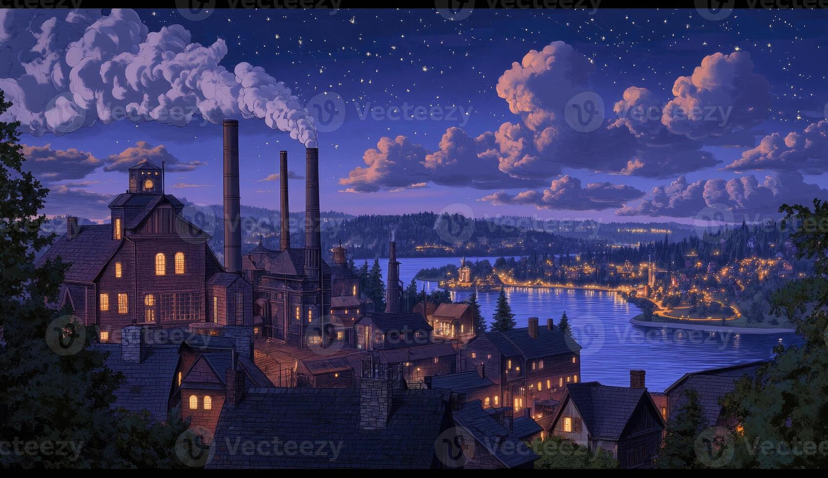 Nightfall over a quaint industrial town by a river photo