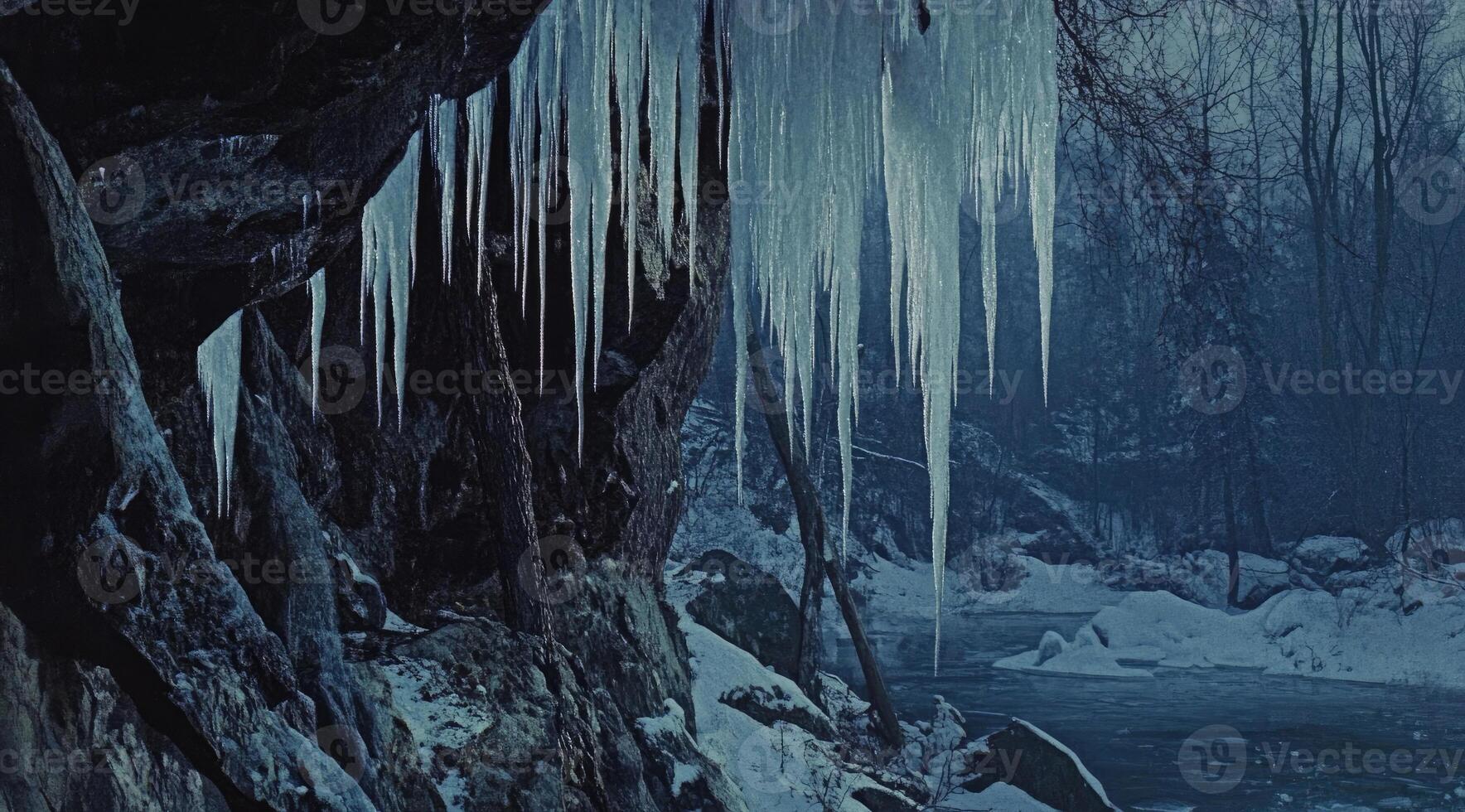 Icy formations drape a wintry landscape photo