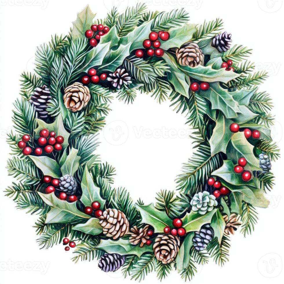 Watercolor christmas wreath with pine cones and berries photo