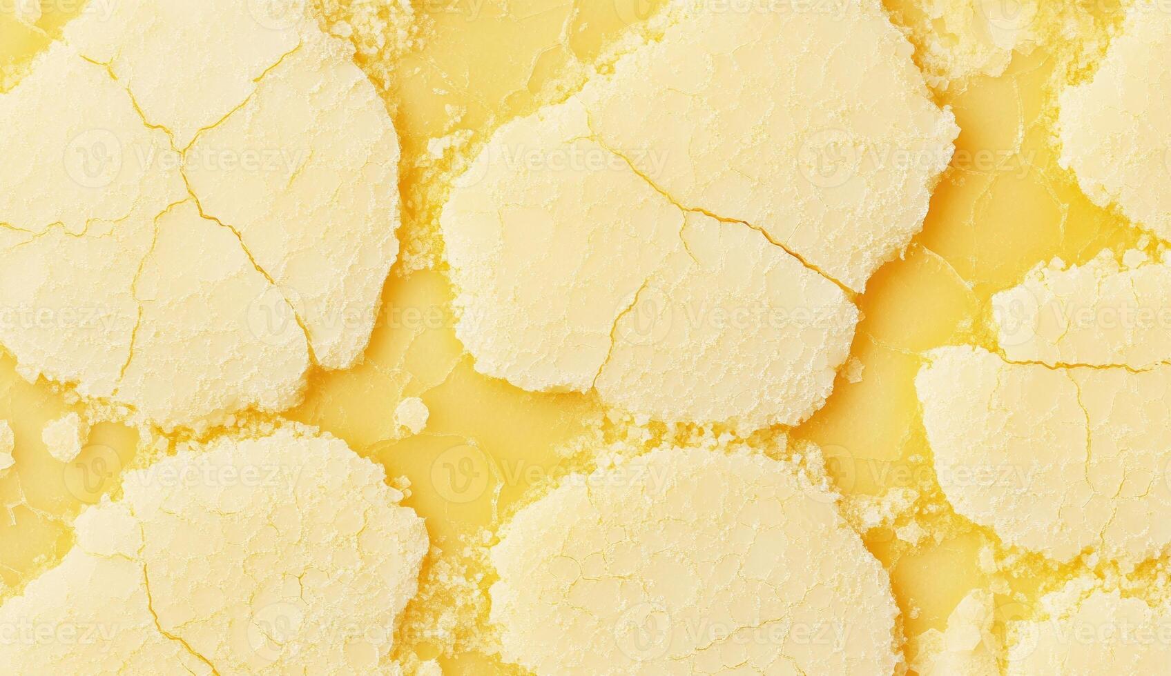 Close-up of cracked, pale yellow, round shapes on a textured surface photo