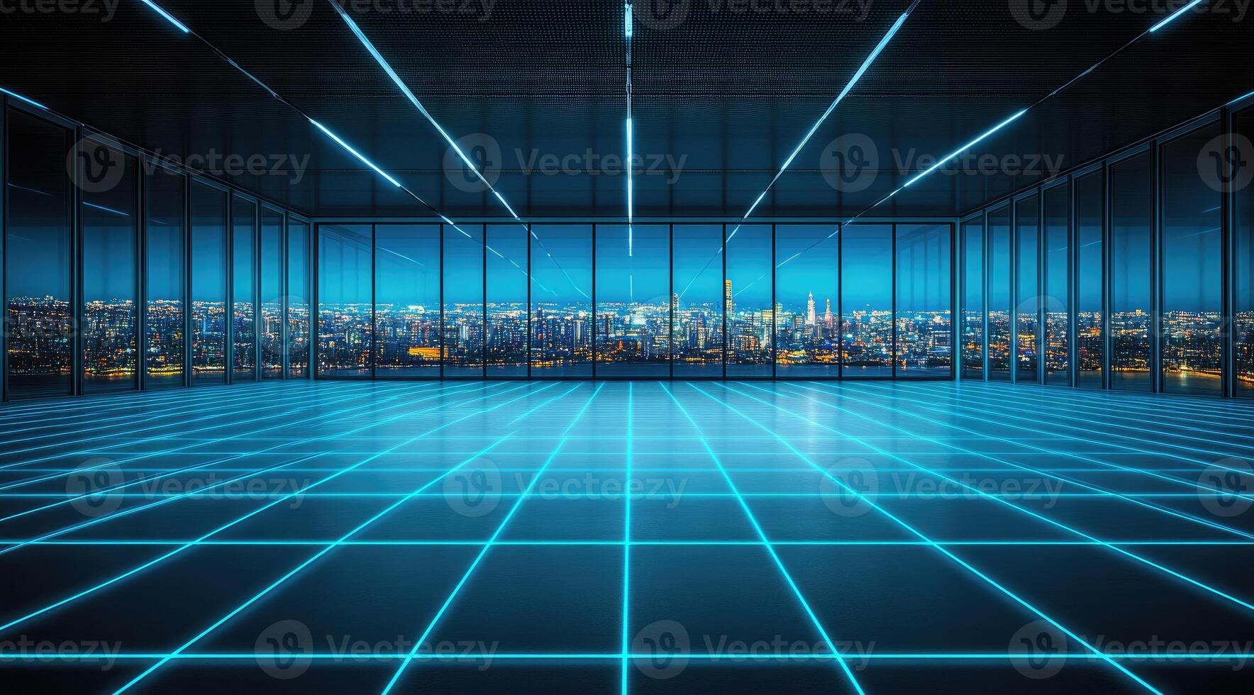 An empty room with neon lights and cityscape photo