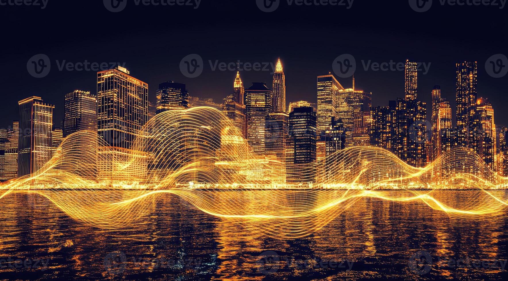 Golden city skyline at night, illuminated by dynamic light waves photo