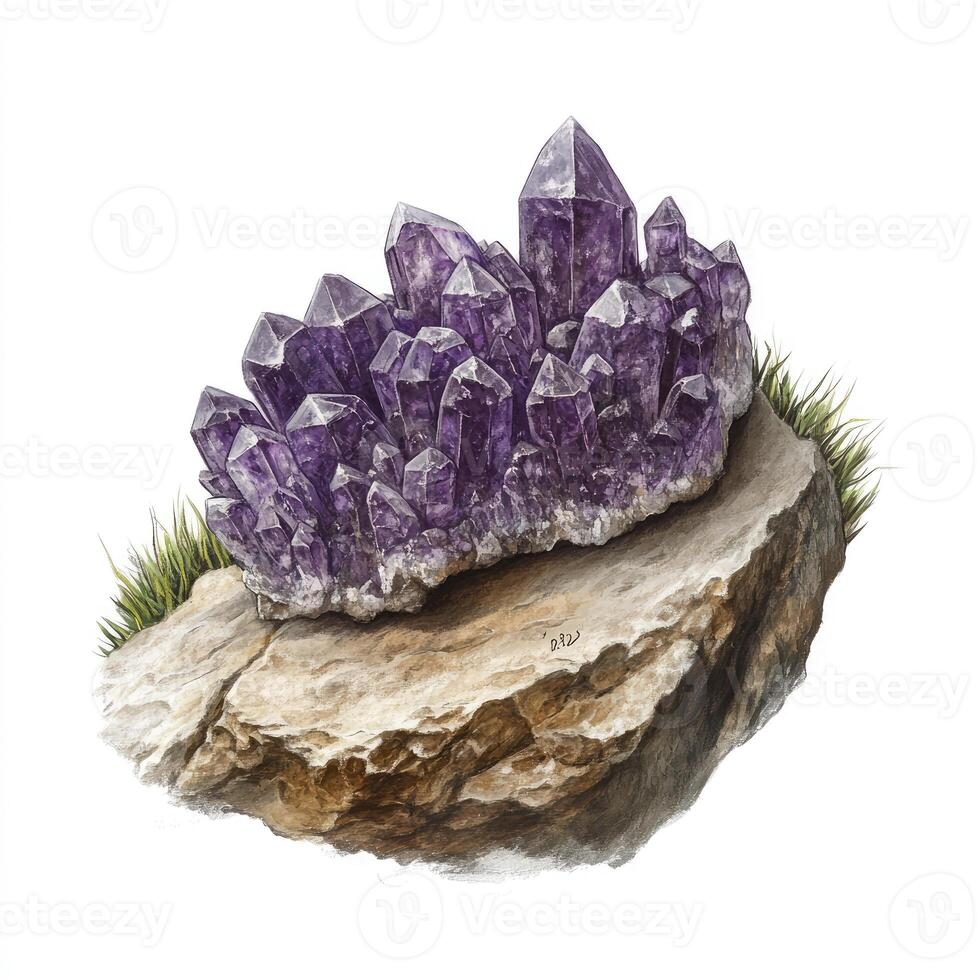 Amethyst cluster on a rock photo