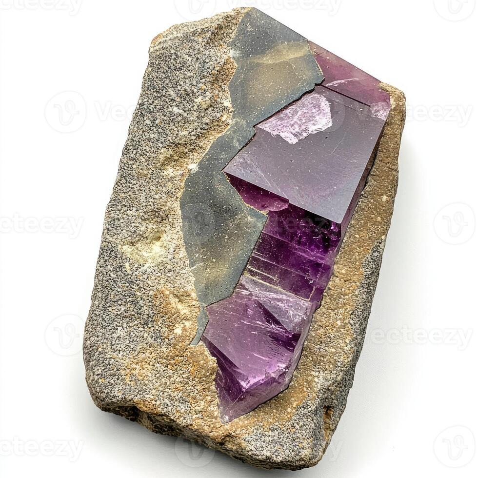 A vibrant purple crystal embedded in a stone matrix photo