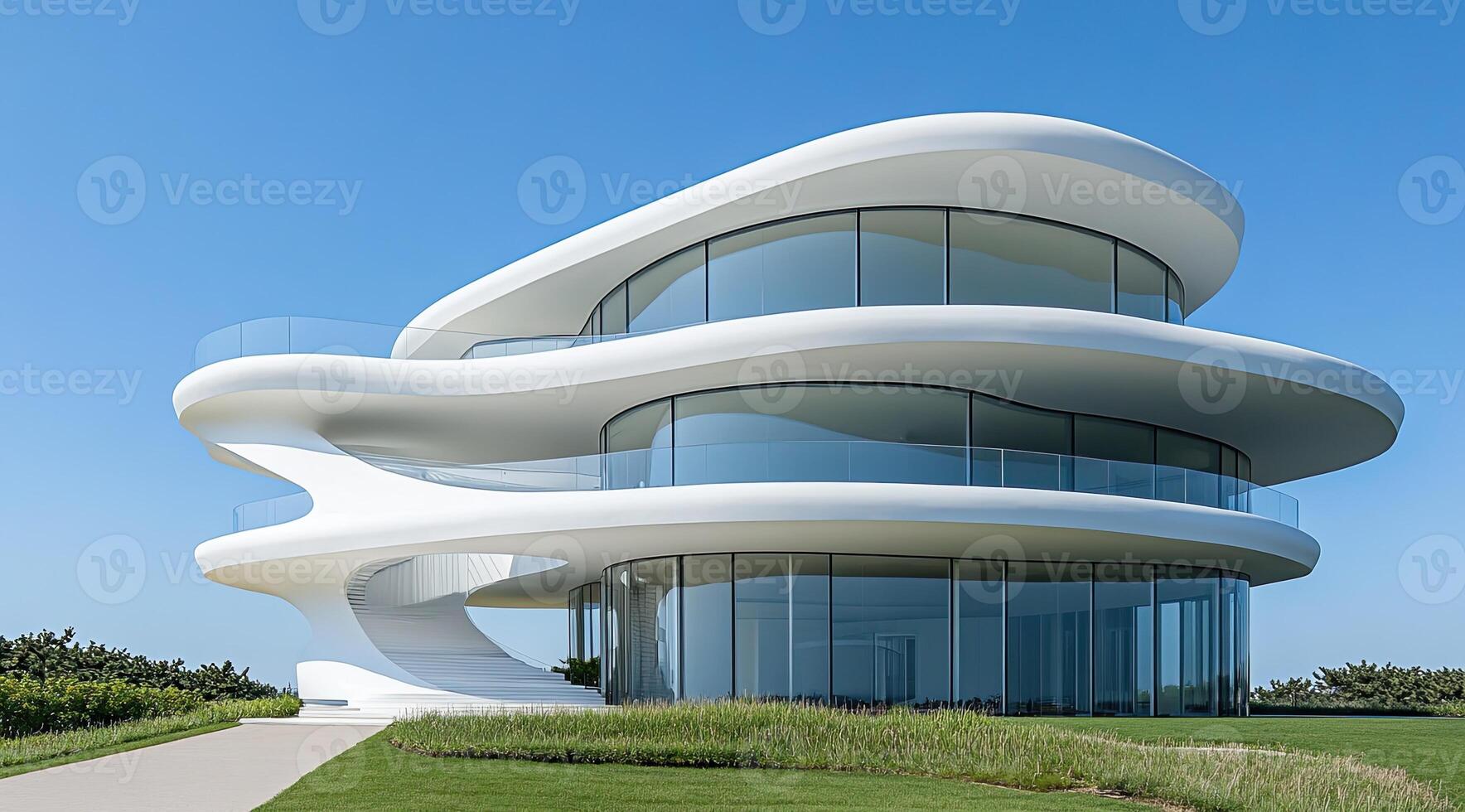Modern, curved, white house with glass walls photo