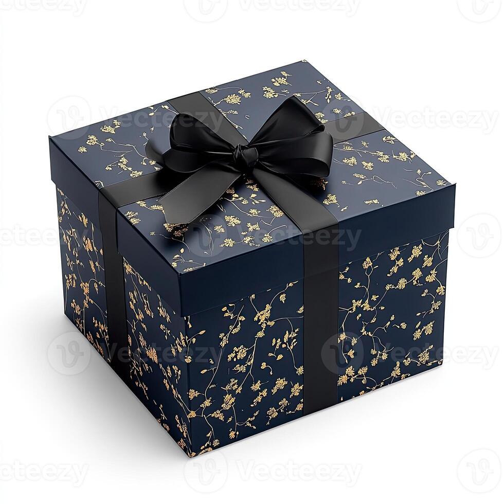 Elegant gift box with a dark navy blue background, featuring delicate gold floral patterns and a black ribbon photo