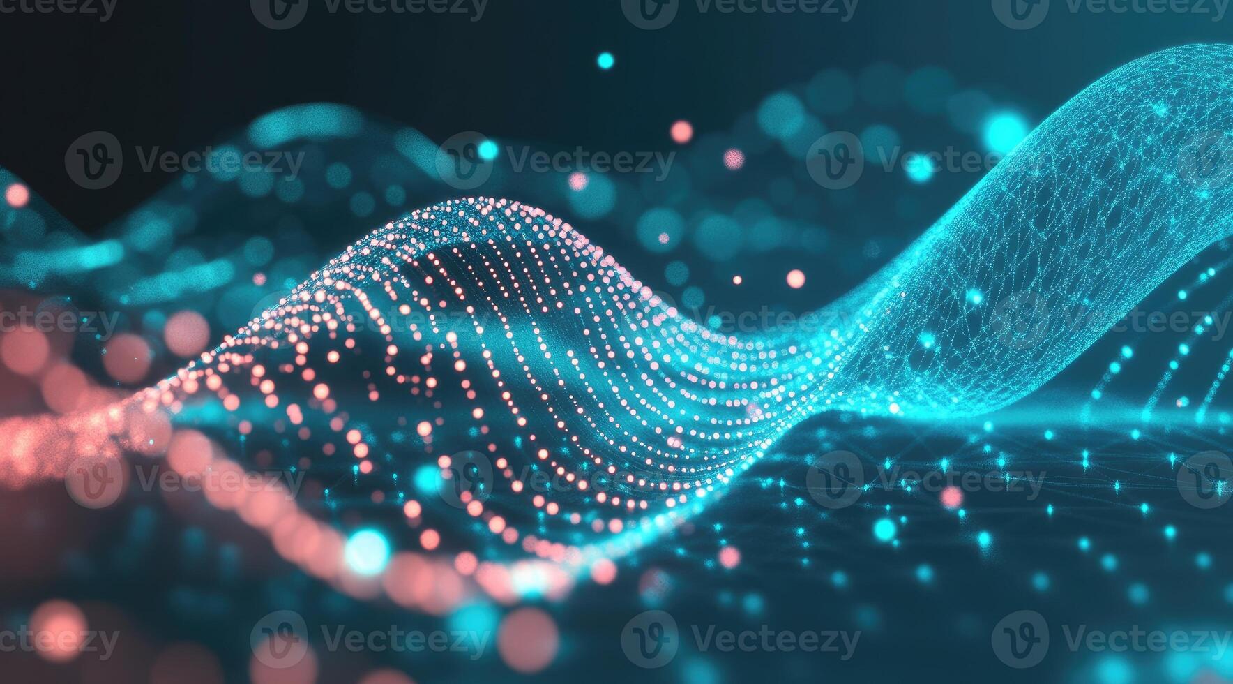 Abstract digital wave with interconnected particles. Complex network of glowing points creating a flowing, wavy form photo