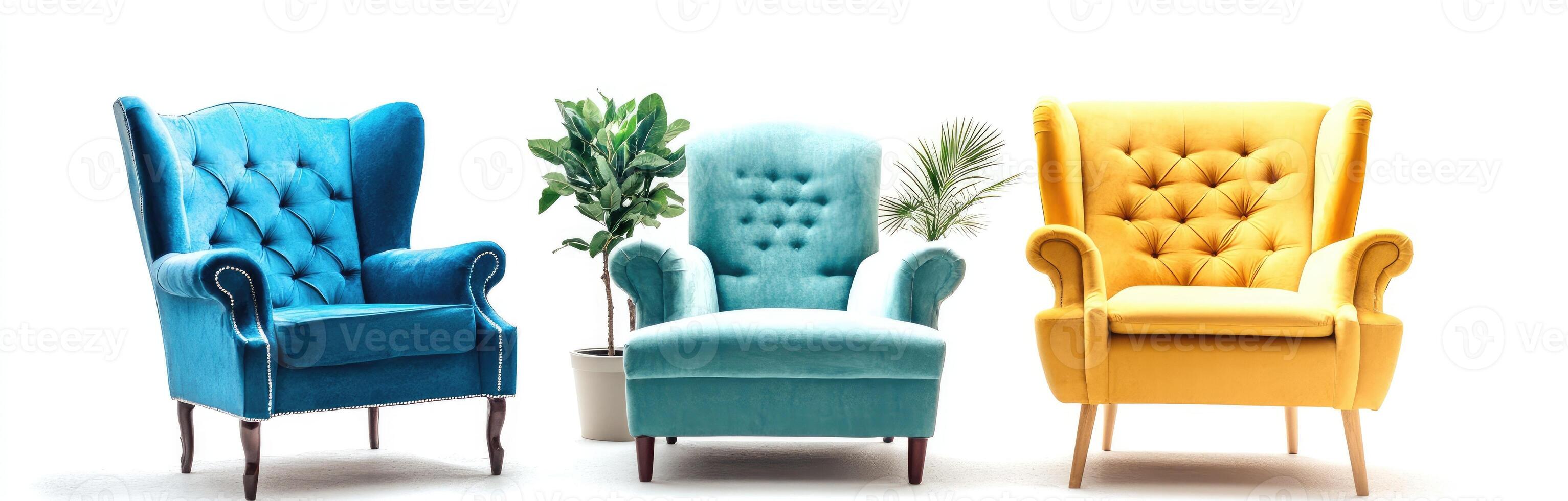 Three comfortable wingback chairs in different colors photo