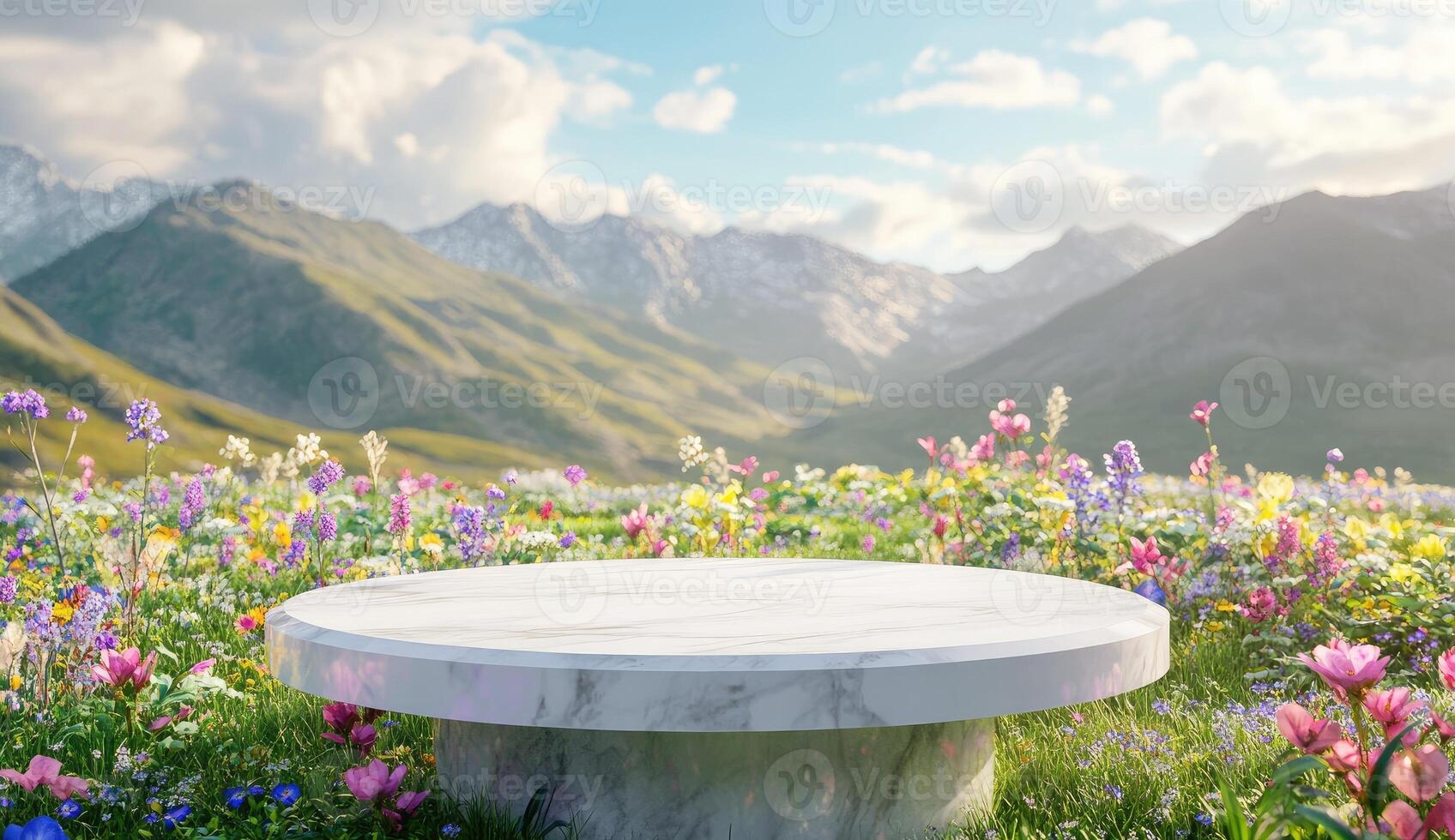 Empty marble podium in a vibrant flower field photo
