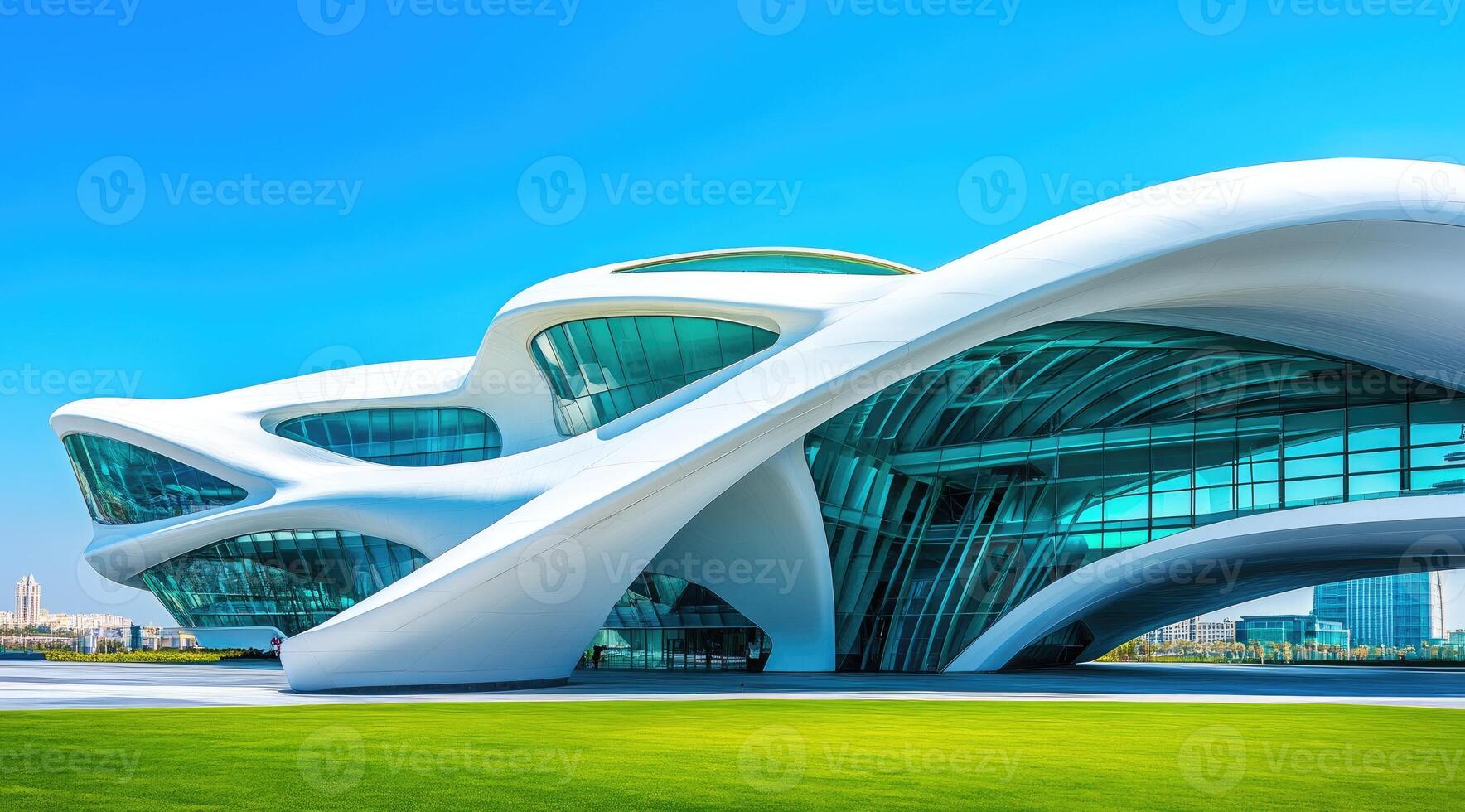 Modern, flowing, architectural structure against a clear blue sky. Exterior features smooth, white curves and teal-green glass panels photo
