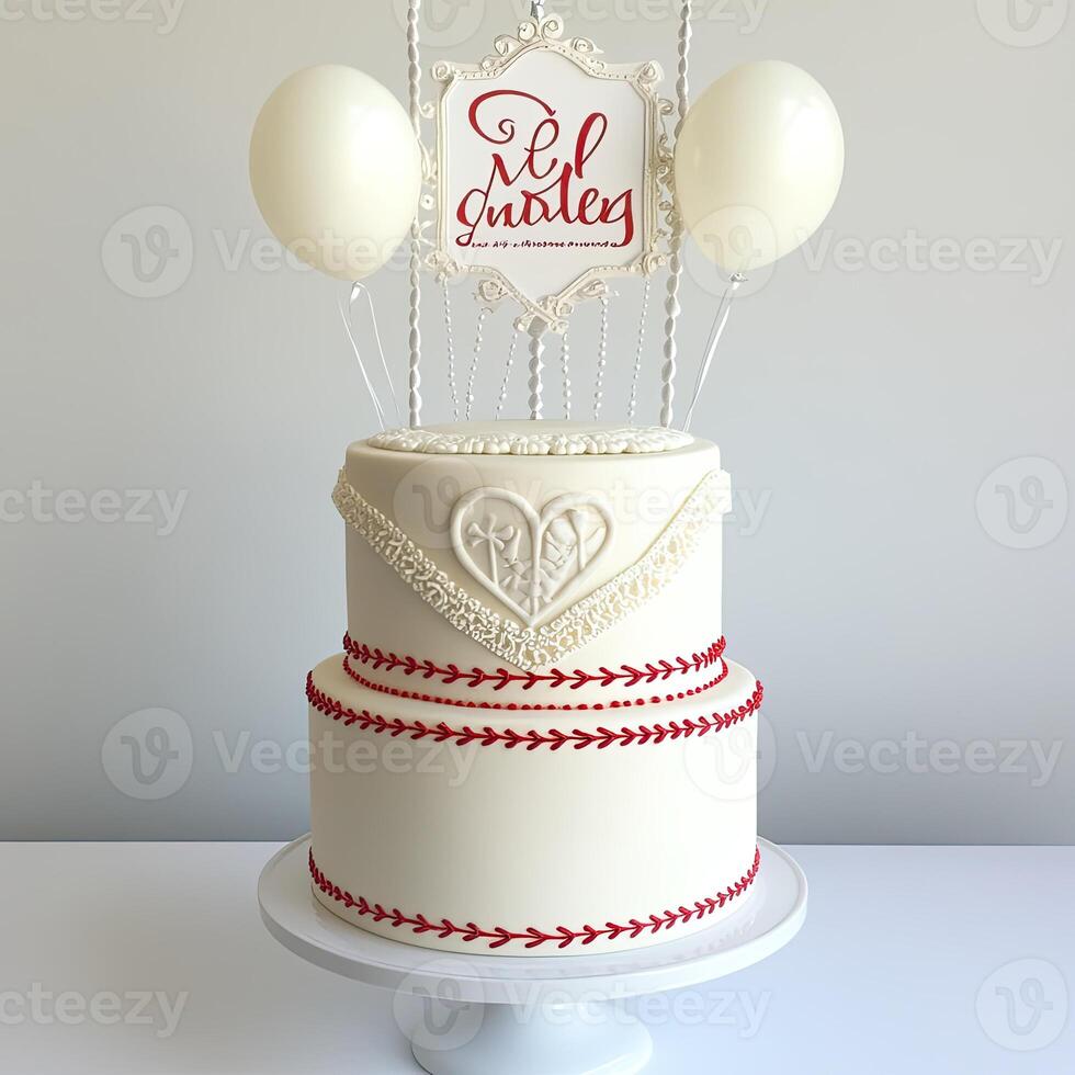 Elegant two-tiered cake with intricate cream frosting decorations, red accents, and decorative banner photo